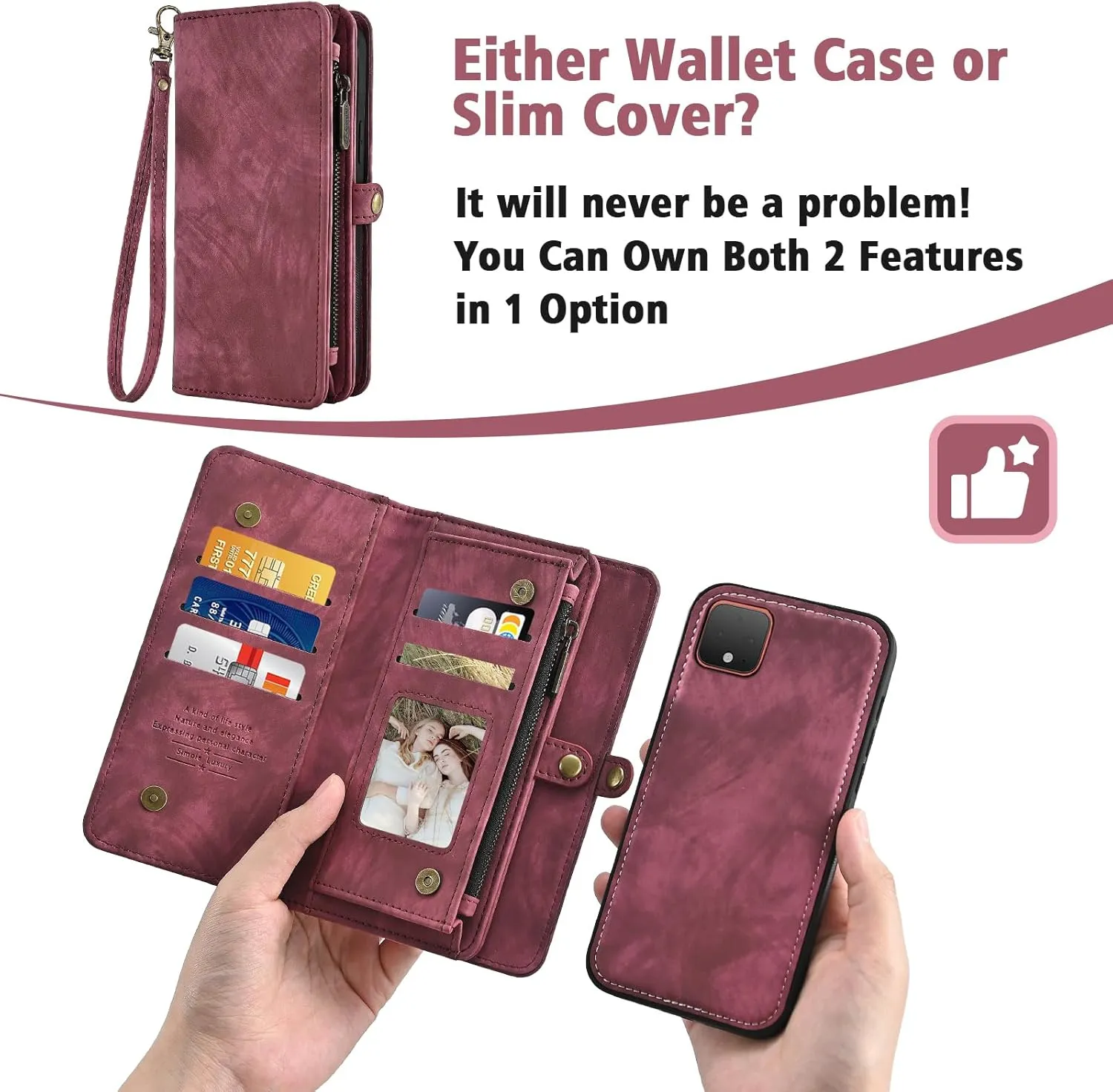 Asuwish Phone Case for Google Pixel 4 XL Zipper Wallet Magnetic Detachable Cell Cover with Tempered Glass Screen Protector Crossbody Lanyard Strap Flip Card Holder Pixle 4XL Pixel4XL 4LX LX Women Red