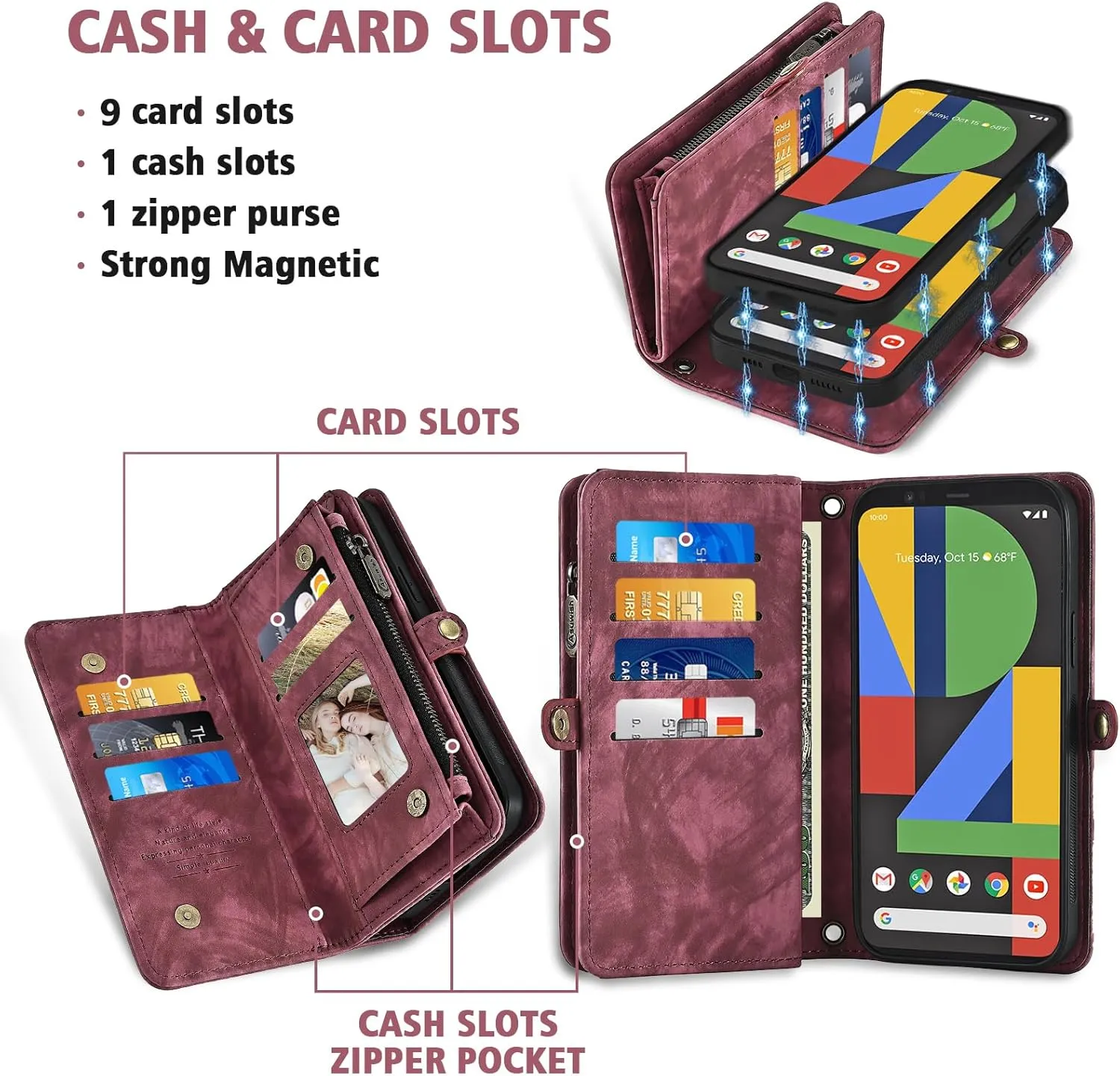 Asuwish Phone Case for Google Pixel 4 XL Zipper Wallet Magnetic Detachable Cell Cover with Tempered Glass Screen Protector Crossbody Lanyard Strap Flip Card Holder Pixle 4XL Pixel4XL 4LX LX Women Red