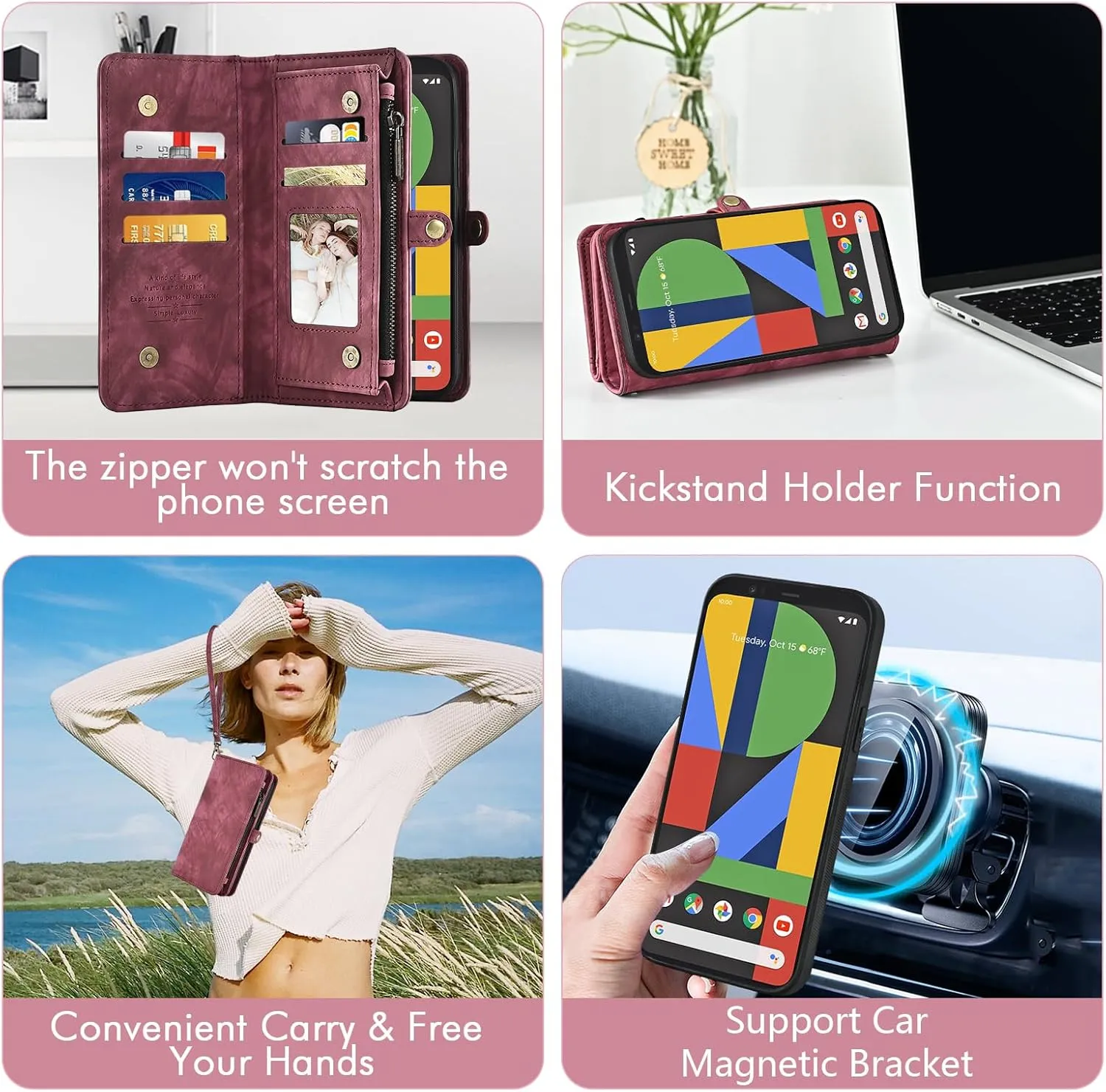 Asuwish Phone Case for Google Pixel 4 XL Zipper Wallet Magnetic Detachable Cell Cover with Tempered Glass Screen Protector Crossbody Lanyard Strap Flip Card Holder Pixle 4XL Pixel4XL 4LX LX Women Red