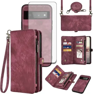 Asuwish Phone Case for Google Pixel 6 Pro Zipper Wallet Detachable Cell Cover with Tempered Glass Screen Protector Crossbody Strap Flip Card Holder Slot Pixel6Pro Pixel6 XL 6XL Pixle 6Pro 5G Women Red