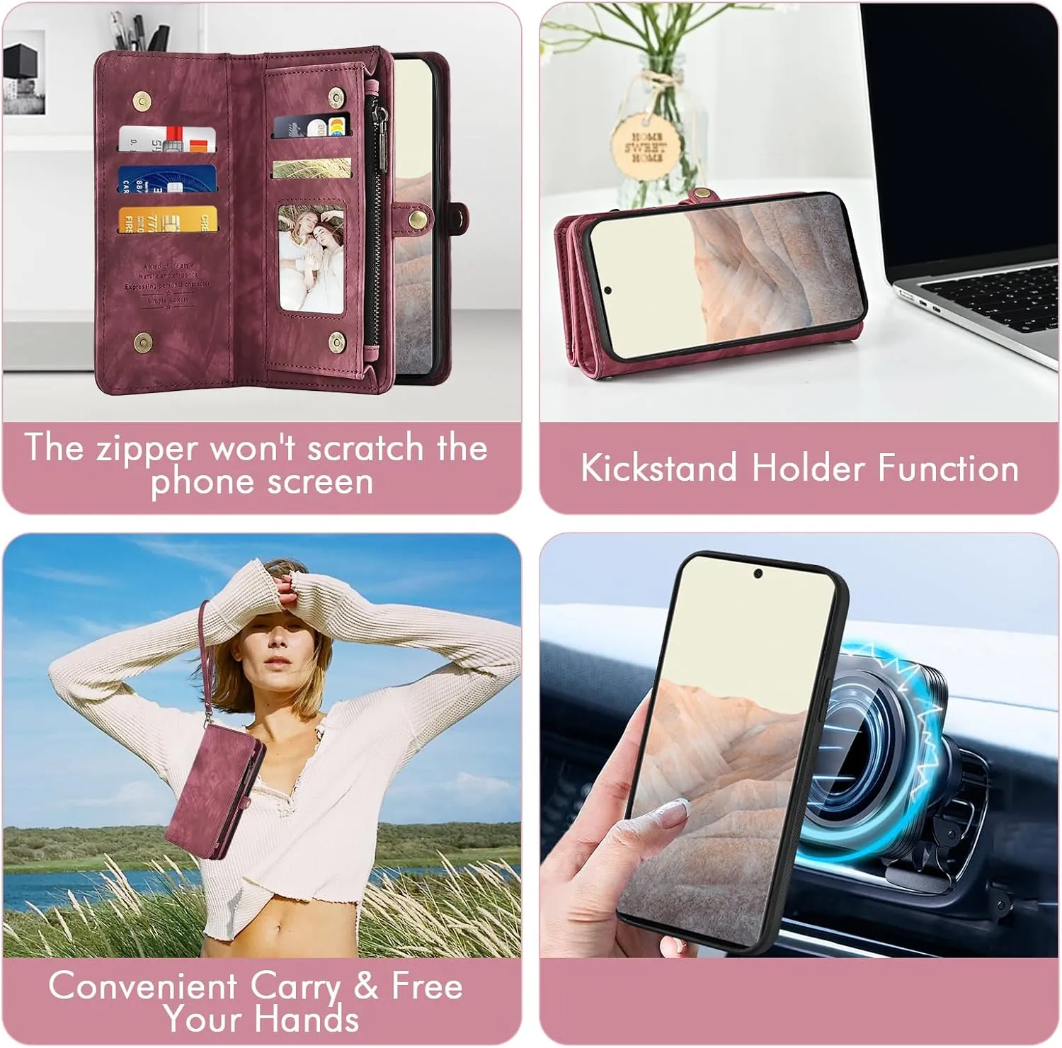 Asuwish Phone Case for Google Pixel 6 Pro Zipper Wallet Detachable Cell Cover with Tempered Glass Screen Protector Crossbody Strap Flip Card Holder Slot Pixel6Pro Pixel6 XL 6XL Pixle 6Pro 5G Women Red