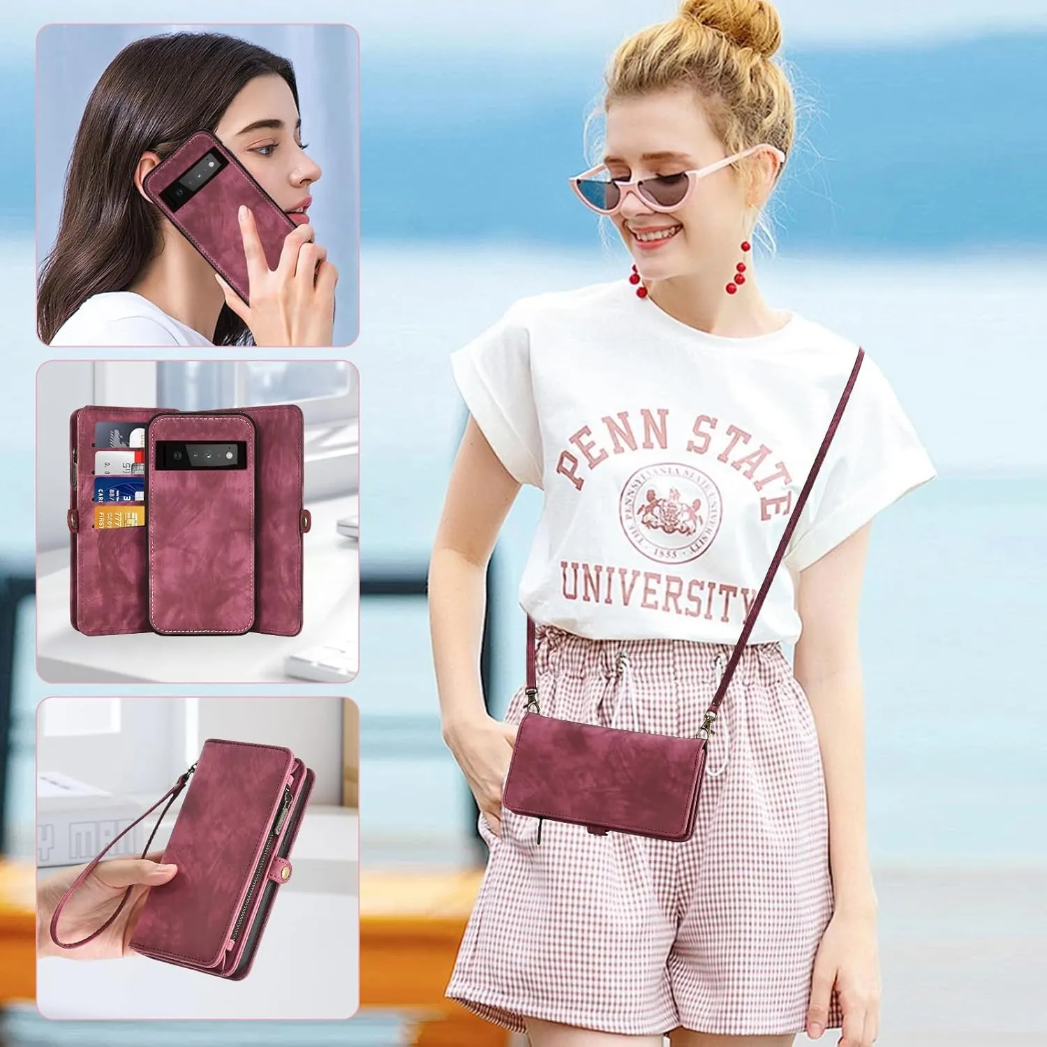 Asuwish Phone Case for Google Pixel 6 Pro Zipper Wallet Detachable Cell Cover with Tempered Glass Screen Protector Crossbody Strap Flip Card Holder Slot Pixel6Pro Pixel6 XL 6XL Pixle 6Pro 5G Women Red