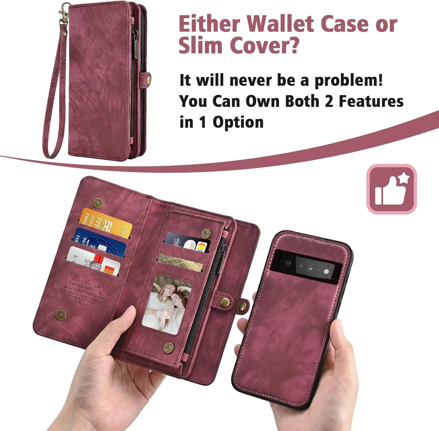 Asuwish Phone Case for Google Pixel 6 Pro Zipper Wallet Detachable Cell Cover with Tempered Glass Screen Protector Crossbody Strap Flip Card Holder Slot Pixel6Pro Pixel6 XL 6XL Pixle 6Pro 5G Women Red