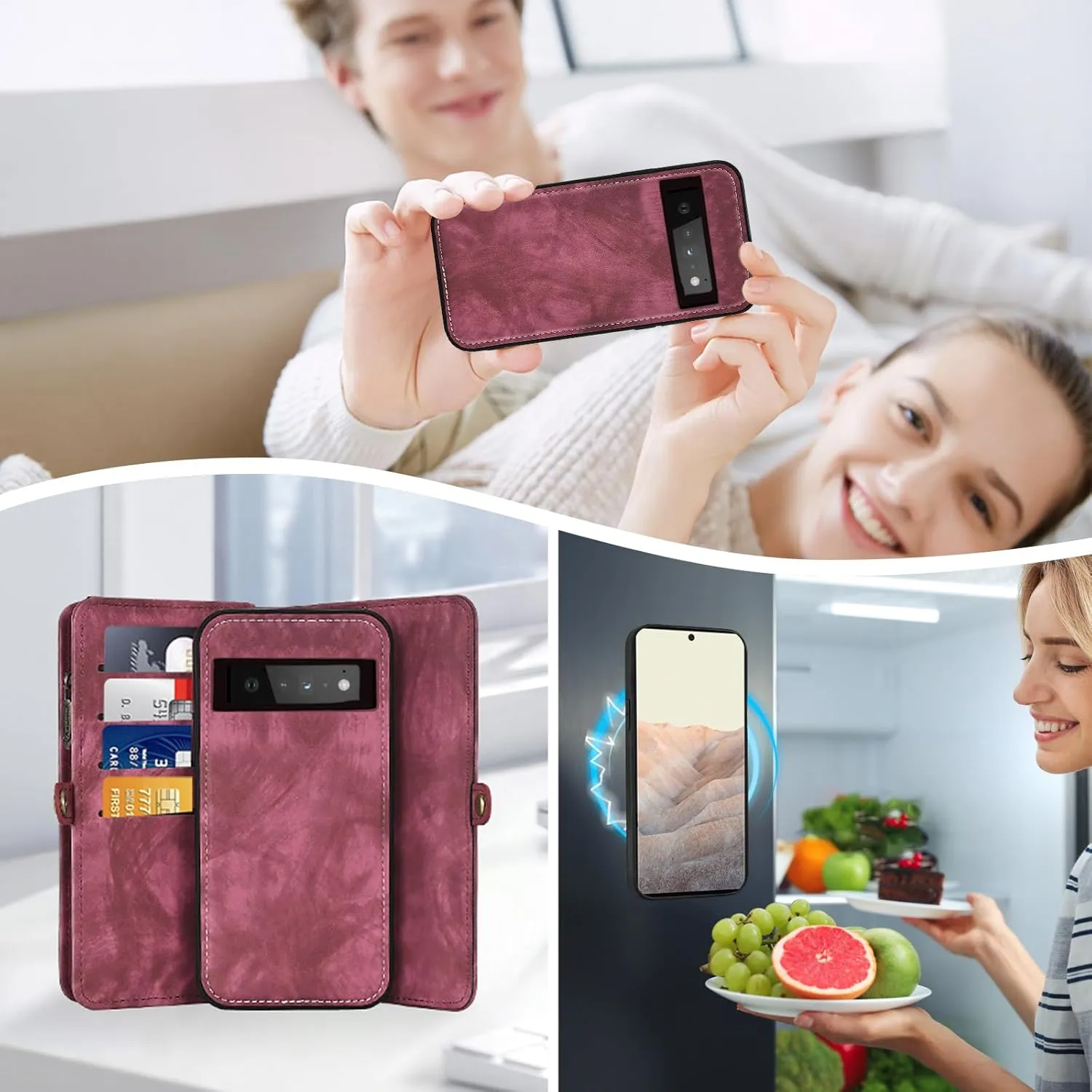 Asuwish Phone Case for Google Pixel 6 Pro Zipper Wallet Detachable Cell Cover with Tempered Glass Screen Protector Crossbody Strap Flip Card Holder Slot Pixel6Pro Pixel6 XL 6XL Pixle 6Pro 5G Women Red
