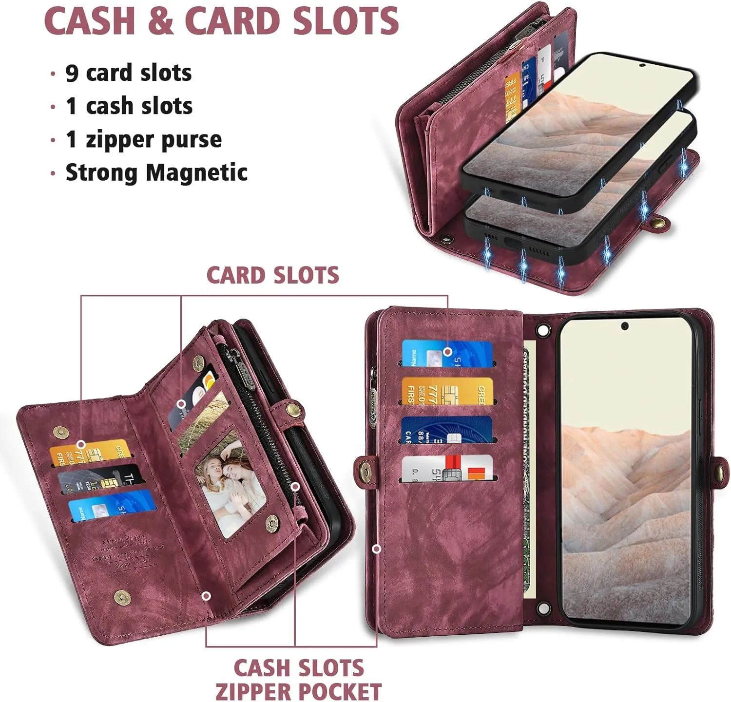 Asuwish Phone Case for Google Pixel 6 Pro Zipper Wallet Detachable Cell Cover with Tempered Glass Screen Protector Crossbody Strap Flip Card Holder Slot Pixel6Pro Pixel6 XL 6XL Pixle 6Pro 5G Women Red
