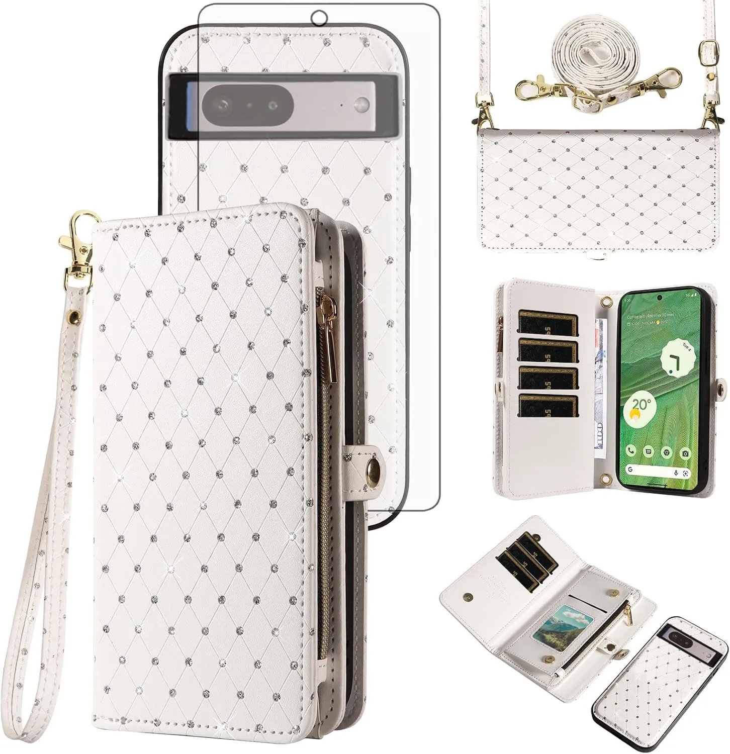 Asuwish Phone Case for Google Pixel 7 5G Zipper Wallet Detachable Cell Cover with Tempered Glass Screen Protector Crossbody Strap Glitter Flip Card Holder Slot Pixel7 Pixle Seven 6.3 Women Girls White