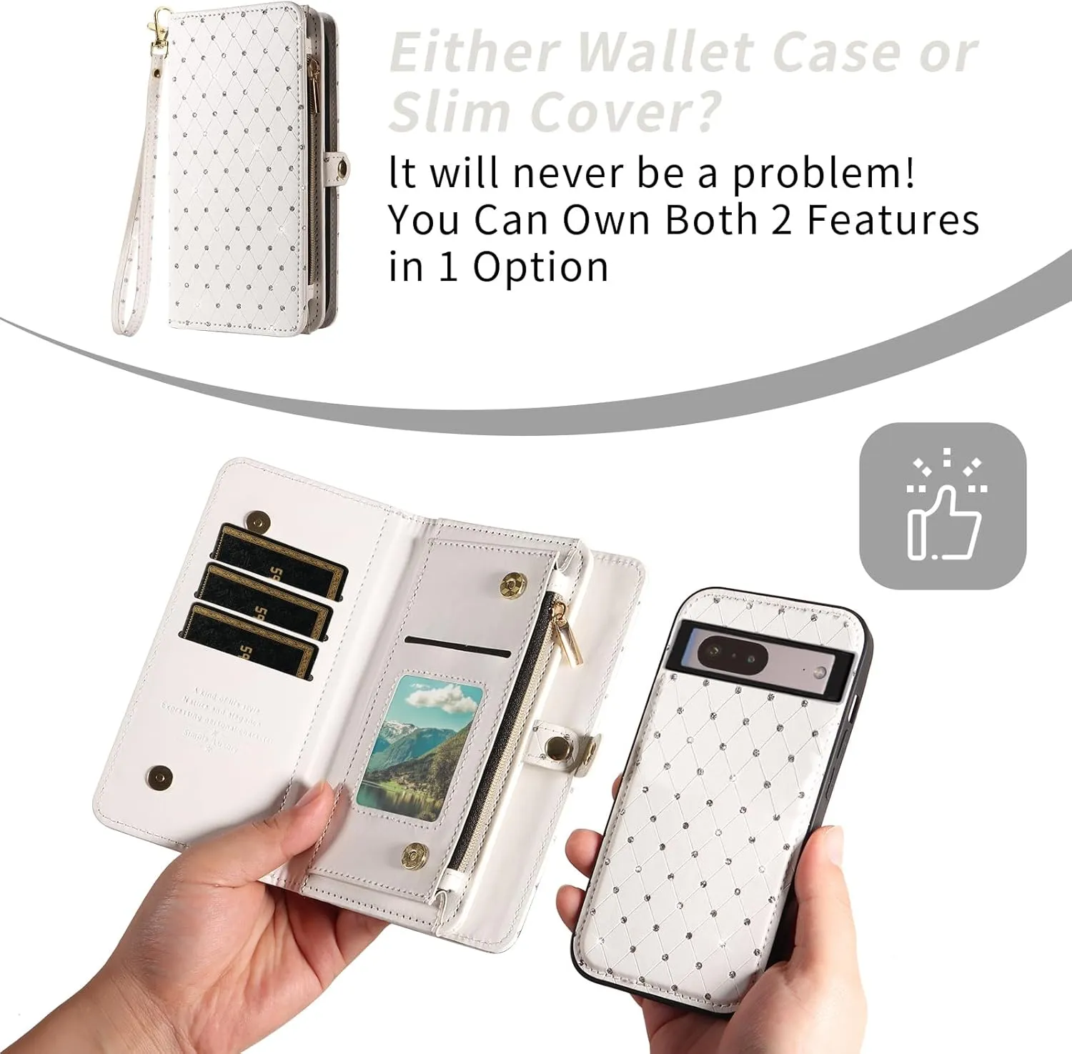 Asuwish Phone Case for Google Pixel 7 5G Zipper Wallet Detachable Cell Cover with Tempered Glass Screen Protector Crossbody Strap Glitter Flip Card Holder Slot Pixel7 Pixle Seven 6.3 Women Girls White