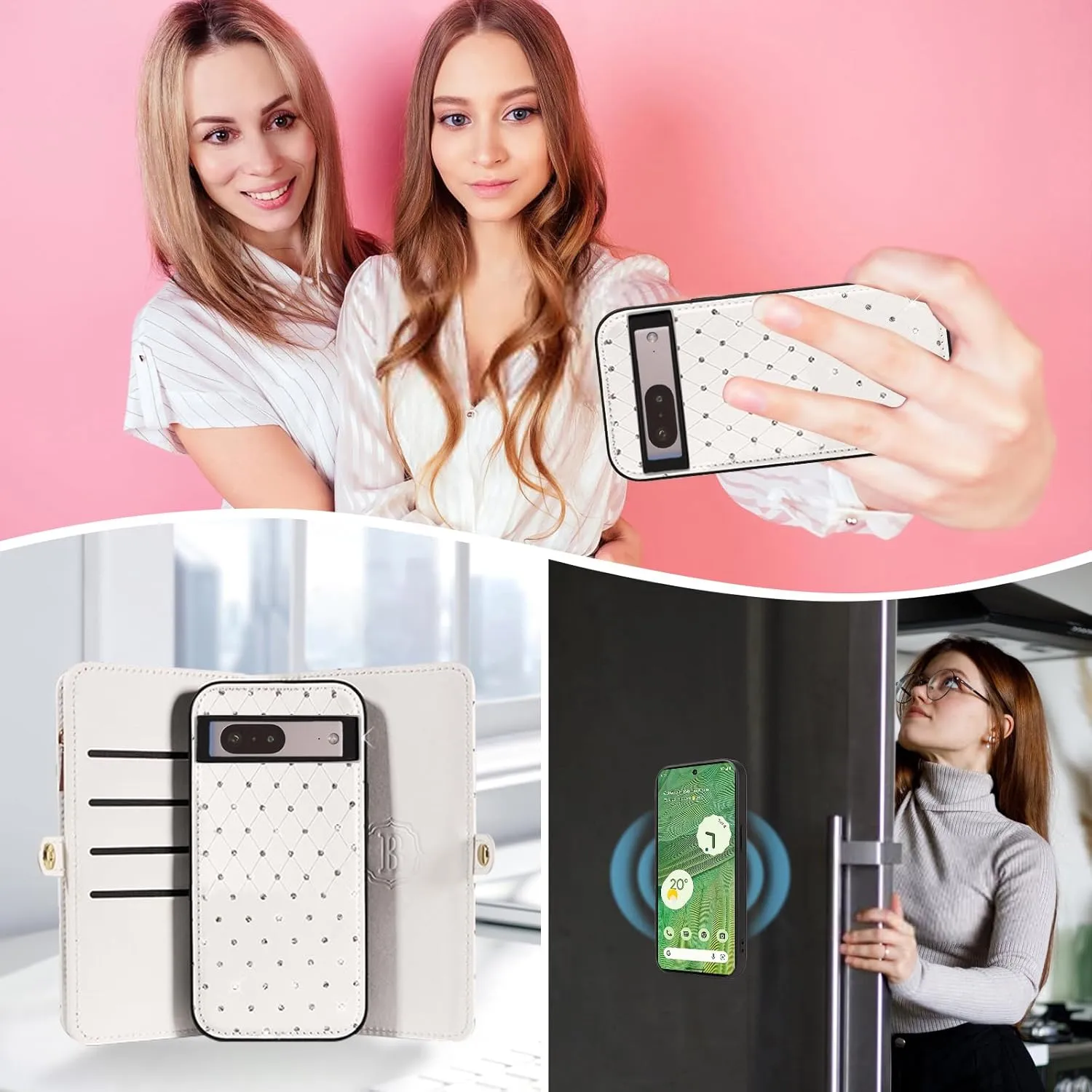 Asuwish Phone Case for Google Pixel 7 5G Zipper Wallet Detachable Cell Cover with Tempered Glass Screen Protector Crossbody Strap Glitter Flip Card Holder Slot Pixel7 Pixle Seven 6.3 Women Girls White