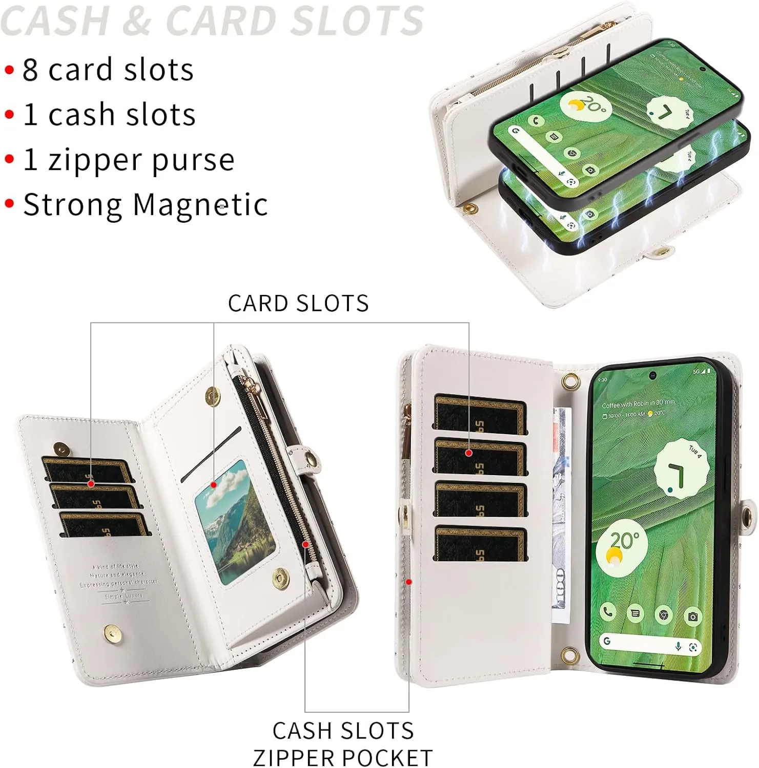 Asuwish Phone Case for Google Pixel 7 5G Zipper Wallet Detachable Cell Cover with Tempered Glass Screen Protector Crossbody Strap Glitter Flip Card Holder Slot Pixel7 Pixle Seven 6.3 Women Girls White