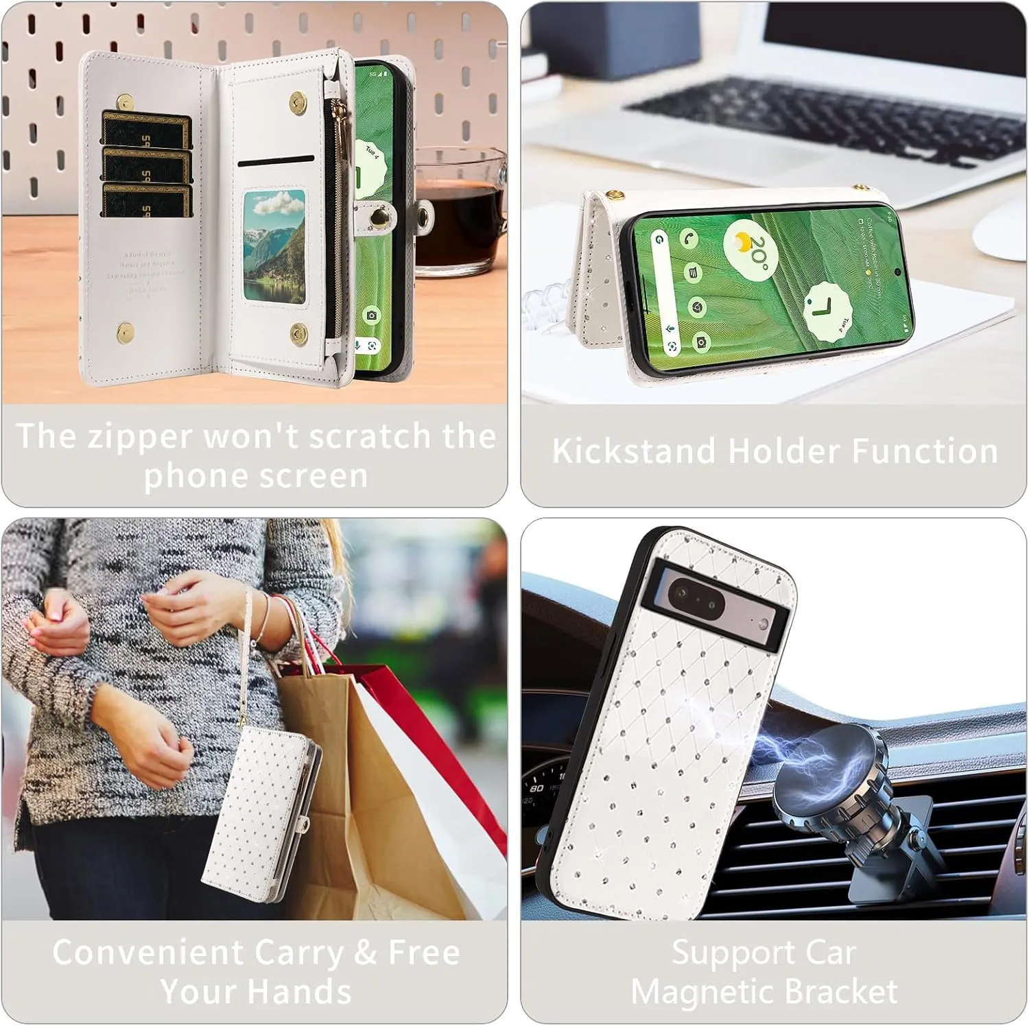 Asuwish Phone Case for Google Pixel 7 5G Zipper Wallet Detachable Cell Cover with Tempered Glass Screen Protector Crossbody Strap Glitter Flip Card Holder Slot Pixel7 Pixle Seven 6.3 Women Girls White