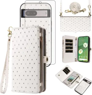 Asuwish Phone Case for Google Pixel 7 5G Zipper Wallet Detachable Cell Cover with Tempered Glass Screen Protector Crossbody Strap Glitter Flip Card Holder Slot Pixel7 Pixle Seven 6.3 Women Girls White