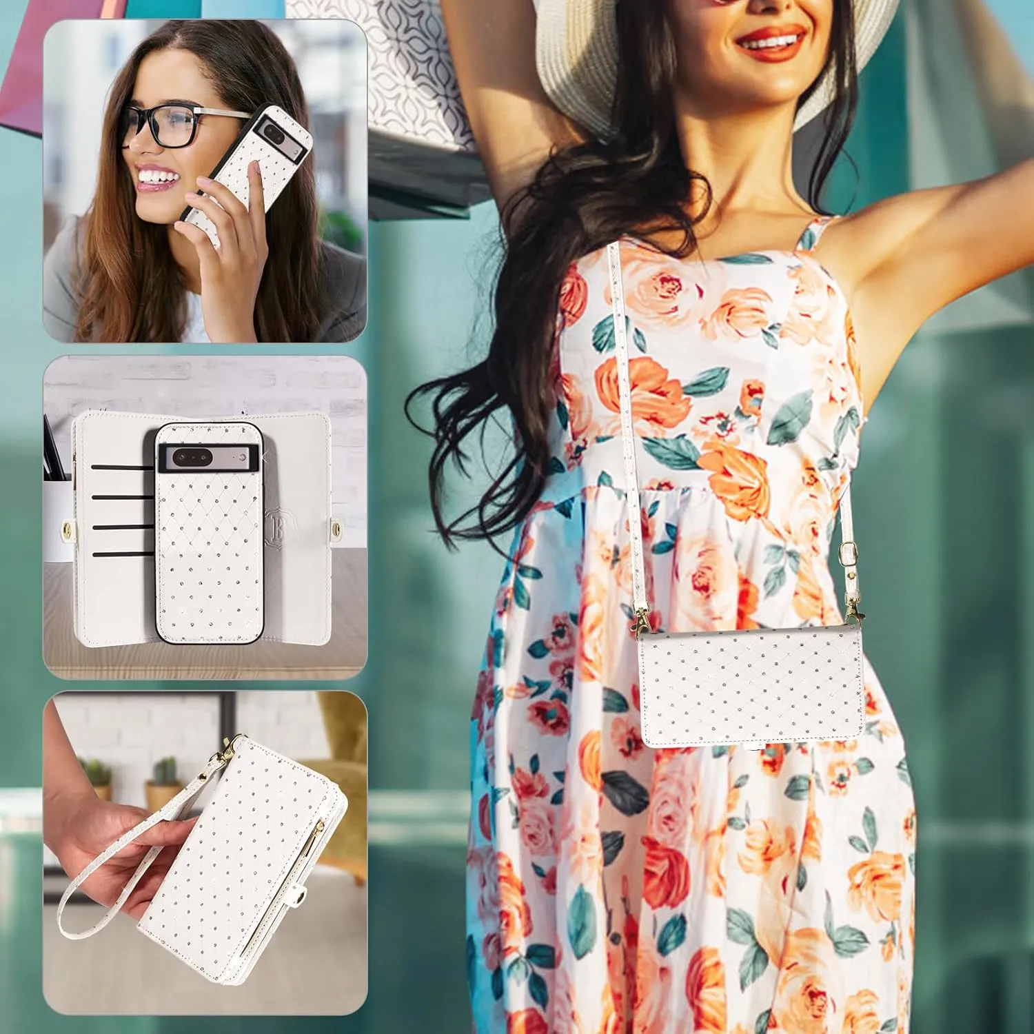 Asuwish Phone Case for Google Pixel 7 5G Zipper Wallet Detachable Cell Cover with Tempered Glass Screen Protector Crossbody Strap Glitter Flip Card Holder Slot Pixel7 Pixle Seven 6.3 Women Girls White