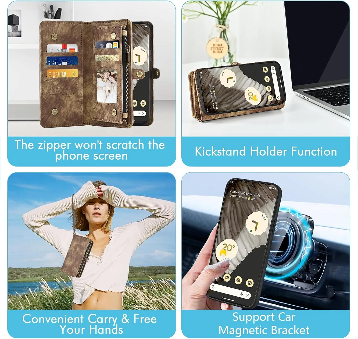 Asuwish Phone Case for Google Pixel 7 Pro 5G Zipper Wallet Detachable Cell Cover with Tempered Glass Screen Protector Crossbody Strap Flip Card Holder Pixel7Pro Pixel7 XL Seven 7Pro 6.7 Women Brown