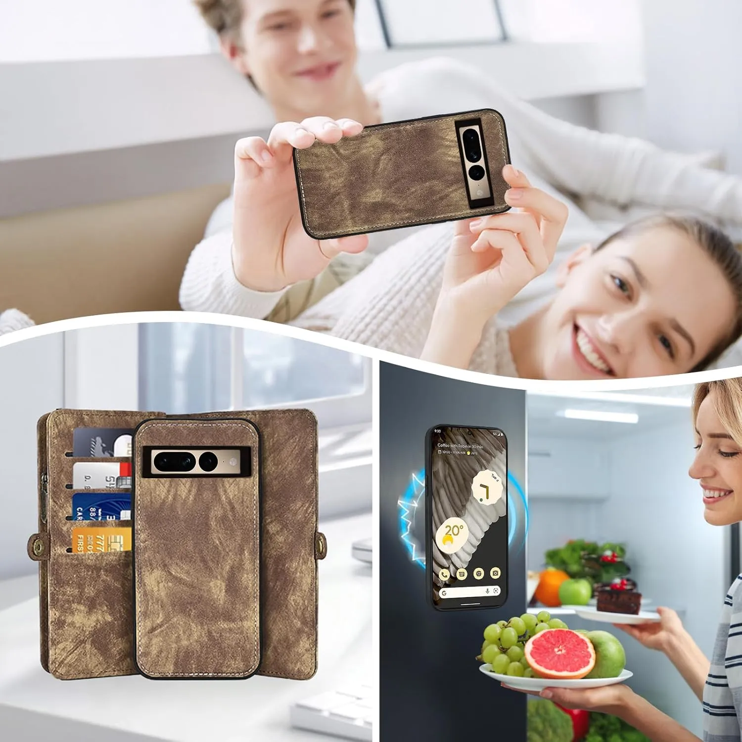 Asuwish Phone Case for Google Pixel 7 Pro 5G Zipper Wallet Detachable Cell Cover with Tempered Glass Screen Protector Crossbody Strap Flip Card Holder Pixel7Pro Pixel7 XL Seven 7Pro 6.7 Women Brown