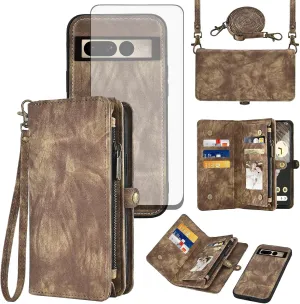 Asuwish Phone Case for Google Pixel 7 Pro 5G Zipper Wallet Detachable Cell Cover with Tempered Glass Screen Protector Crossbody Strap Flip Card Holder Pixel7Pro Pixel7 XL Seven 7Pro 6.7 Women Brown
