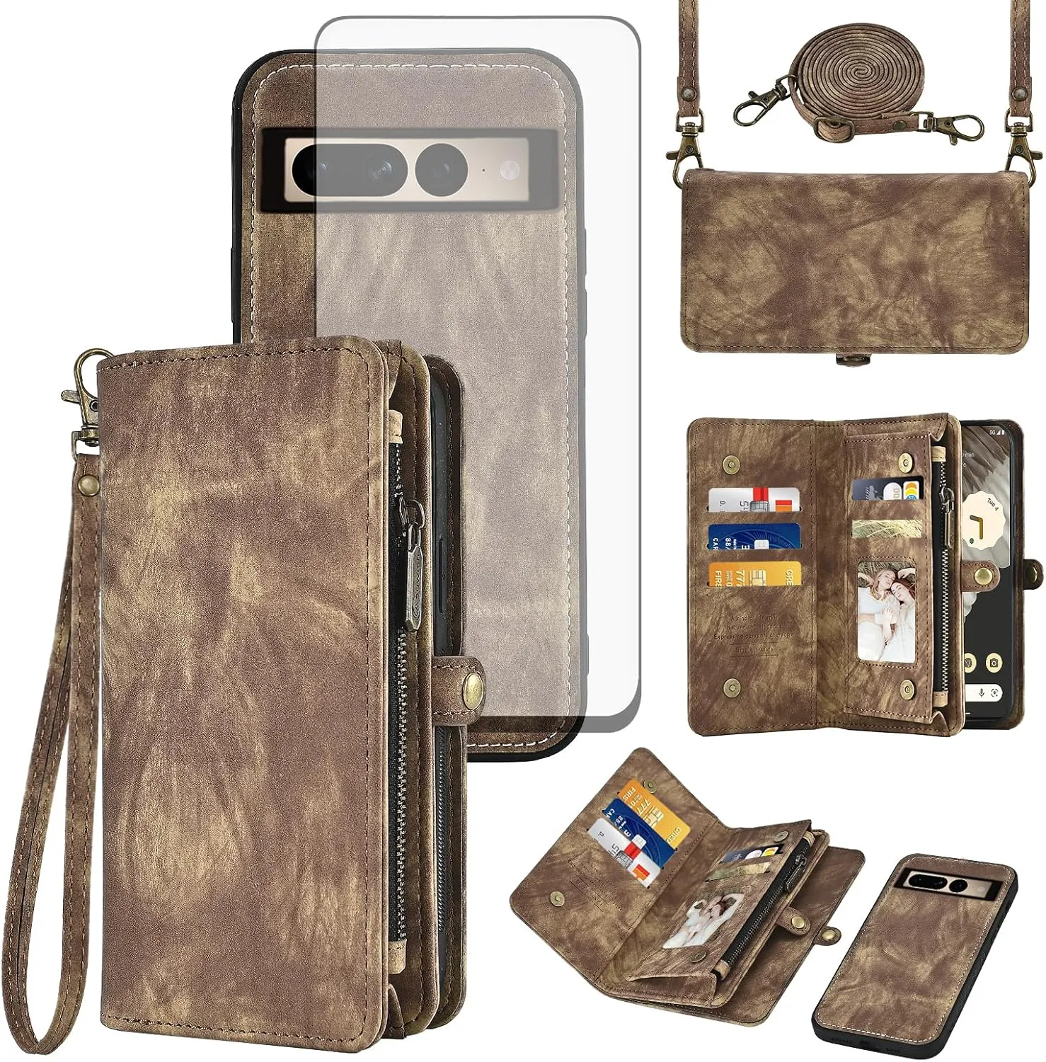 Asuwish Phone Case for Google Pixel 7 Pro 5G Zipper Wallet Detachable Cell Cover with Tempered Glass Screen Protector Crossbody Strap Flip Card Holder Pixel7Pro Pixel7 XL Seven 7Pro 6.7 Women Brown