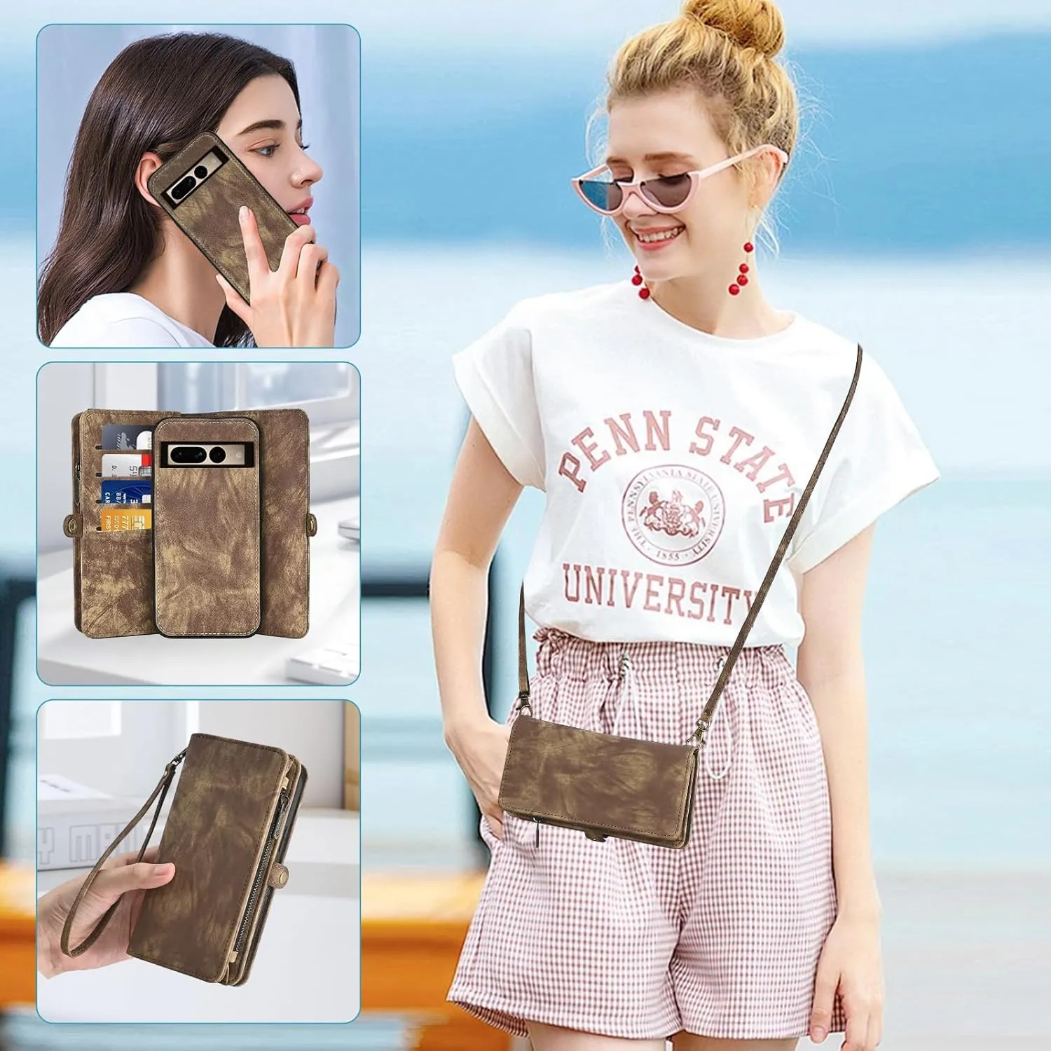 Asuwish Phone Case for Google Pixel 7 Pro 5G Zipper Wallet Detachable Cell Cover with Tempered Glass Screen Protector Crossbody Strap Flip Card Holder Pixel7Pro Pixel7 XL Seven 7Pro 6.7 Women Brown