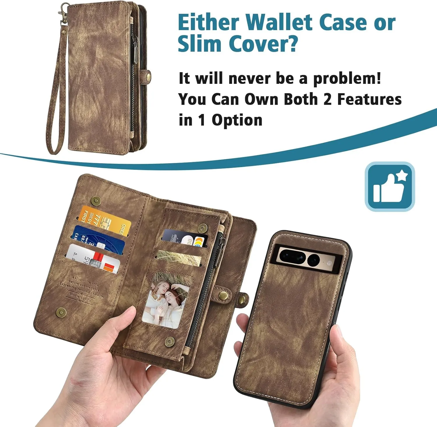 Asuwish Phone Case for Google Pixel 7 Pro 5G Zipper Wallet Detachable Cell Cover with Tempered Glass Screen Protector Crossbody Strap Flip Card Holder Pixel7Pro Pixel7 XL Seven 7Pro 6.7 Women Brown