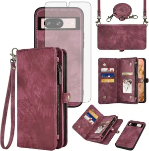 Asuwish Phone Case for Google Pixel 8 5G Zipper Wallet Magnetic Detachable Cell Cover with Tempered Glass Screen Protector Crossbody Lanyard Strap Flip Card Holder Slot Pixel8 Eight Women Girls Red