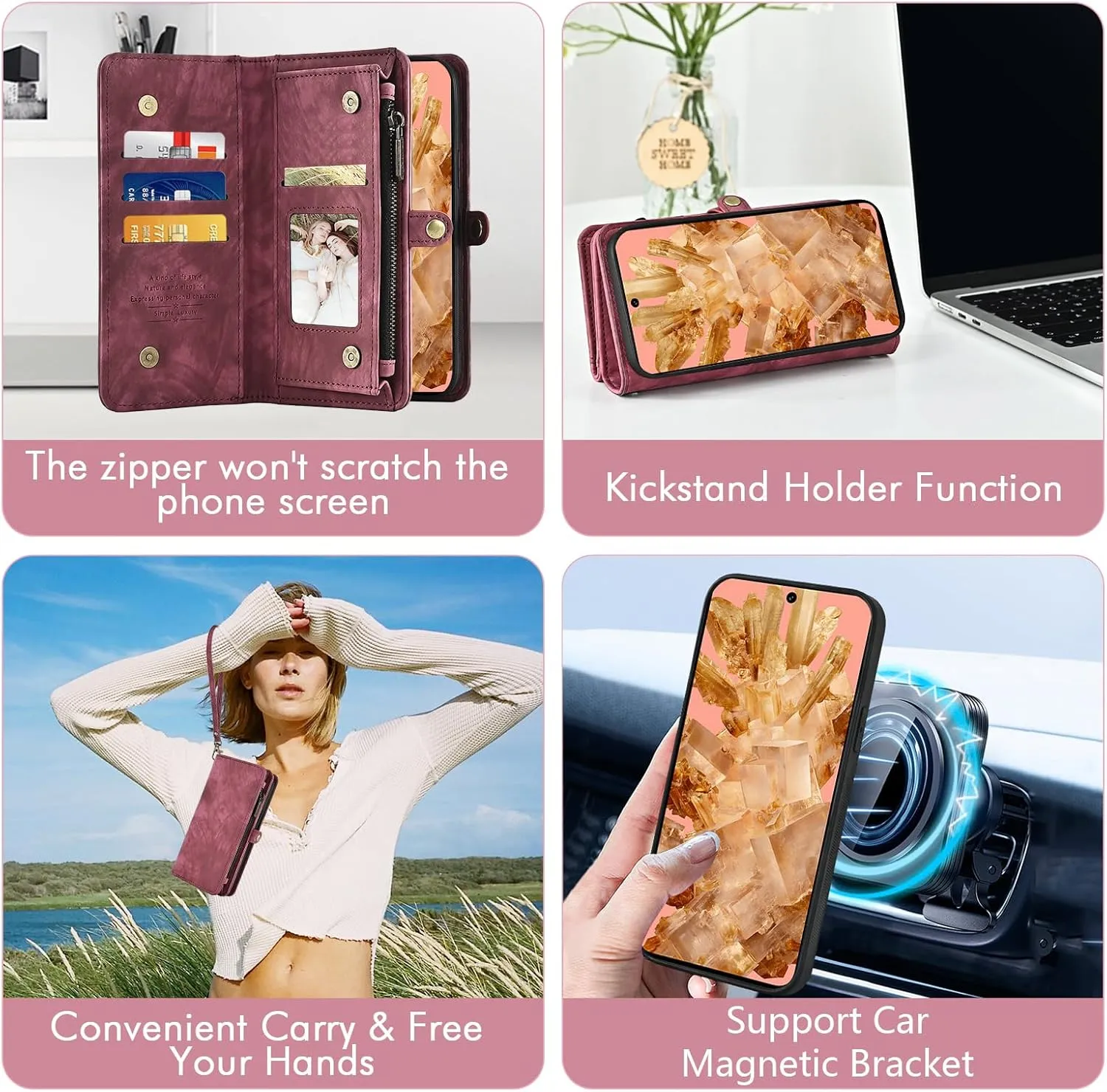 Asuwish Phone Case for Google Pixel 8 5G Zipper Wallet Magnetic Detachable Cell Cover with Tempered Glass Screen Protector Crossbody Lanyard Strap Flip Card Holder Slot Pixel8 Eight Women Girls Red