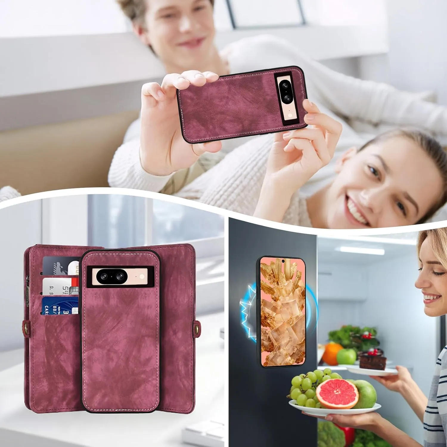 Asuwish Phone Case for Google Pixel 8 5G Zipper Wallet Magnetic Detachable Cell Cover with Tempered Glass Screen Protector Crossbody Lanyard Strap Flip Card Holder Slot Pixel8 Eight Women Girls Red