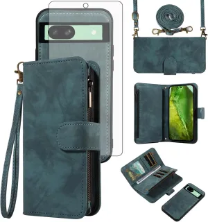 Asuwish Phone Case for Google Pixel 8A 5G Zipper Wallet Magnetic Cell Cover with Tempered Glass Screen Protector Crossbody Wrist Strap Flip Credit Card Holder Purse Mobile Pixel8A A8 Women Girls Blue