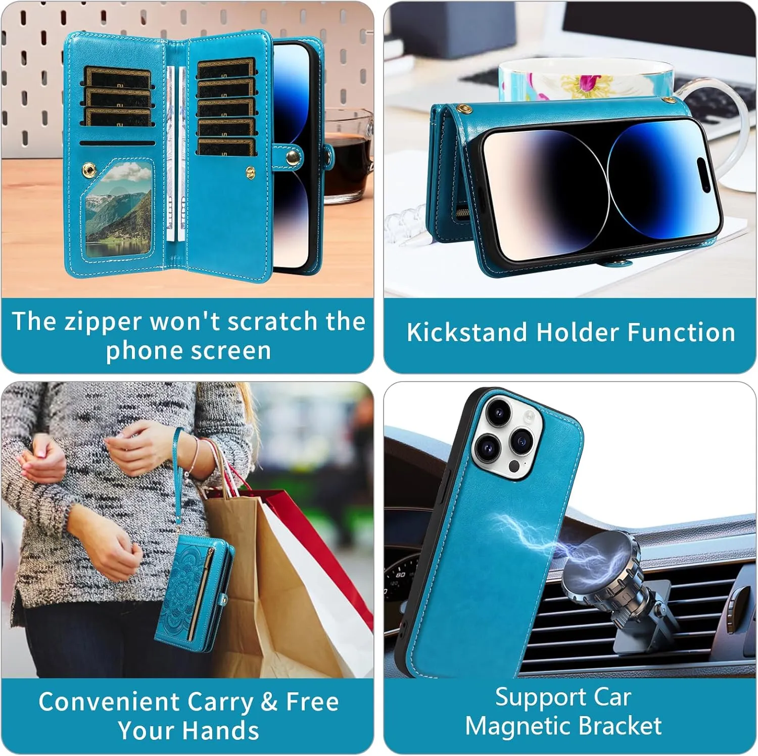Asuwish Phone Case for iPhone 14 Pro 6.1 inch Zipper Wallet Detachable Cell Cover with Tempered Glass Screen Protector Strap Flower Card Holder iPhone14Pro 5G i i-Phone i14 iPhone14 4 14Pro Women Blue