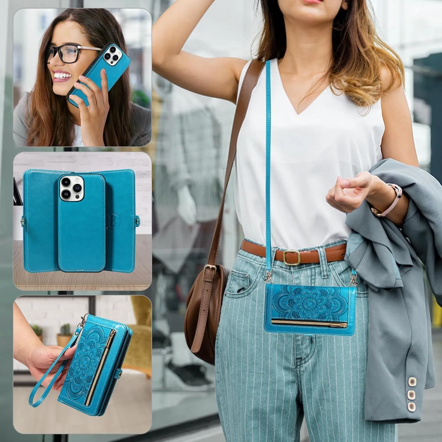 Asuwish Phone Case for iPhone 14 Pro 6.1 inch Zipper Wallet Detachable Cell Cover with Tempered Glass Screen Protector Strap Flower Card Holder iPhone14Pro 5G i i-Phone i14 iPhone14 4 14Pro Women Blue