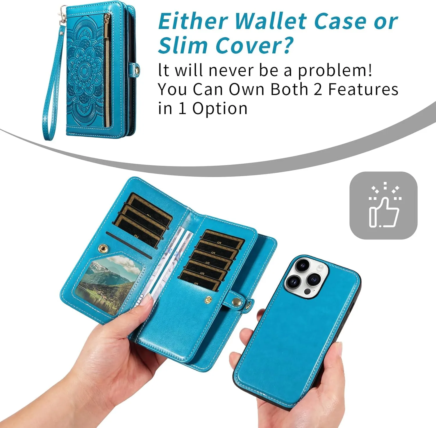 Asuwish Phone Case for iPhone 14 Pro 6.1 inch Zipper Wallet Detachable Cell Cover with Tempered Glass Screen Protector Strap Flower Card Holder iPhone14Pro 5G i i-Phone i14 iPhone14 4 14Pro Women Blue