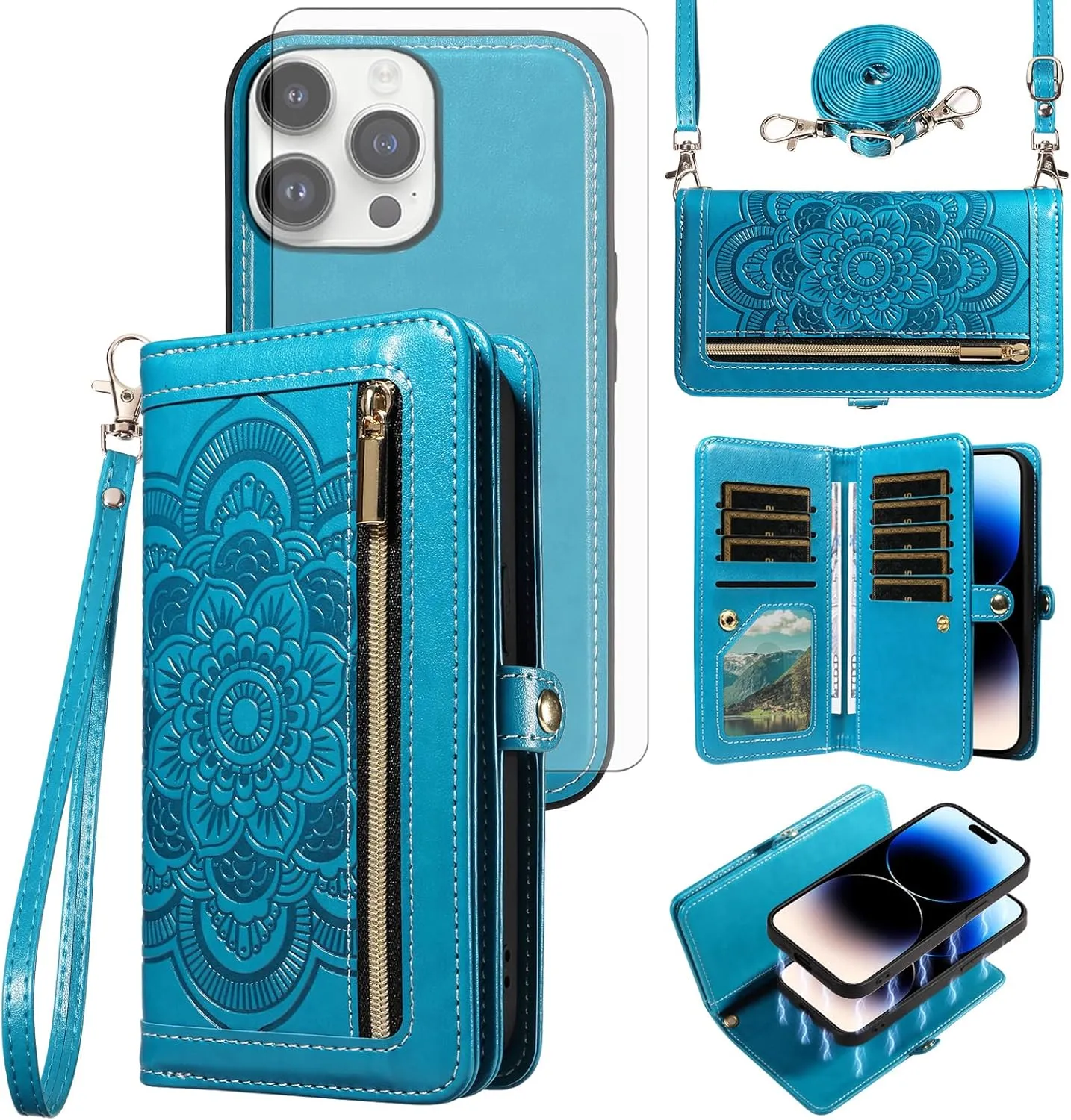 Asuwish Phone Case for iPhone 14 Pro 6.1 inch Zipper Wallet Detachable Cell Cover with Tempered Glass Screen Protector Strap Flower Card Holder iPhone14Pro 5G i i-Phone i14 iPhone14 4 14Pro Women Blue