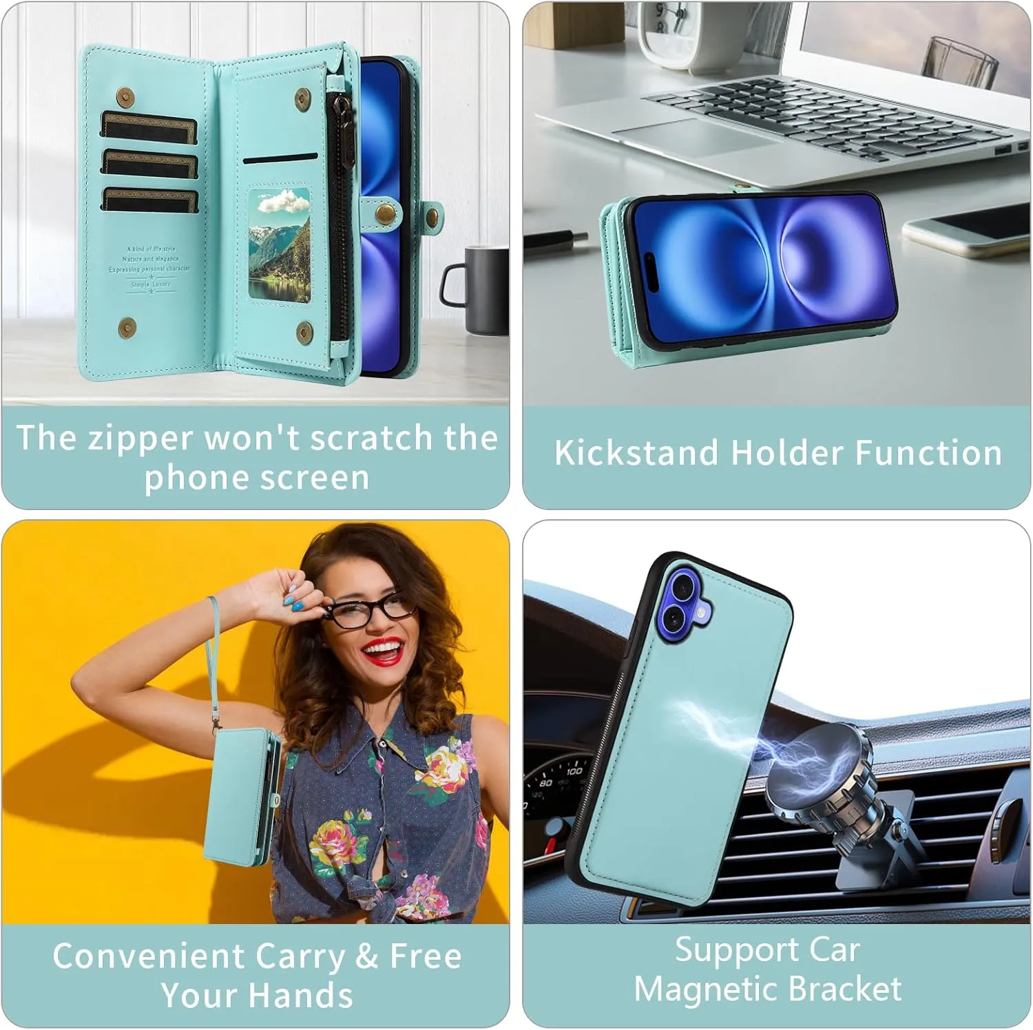 Asuwish Phone Case for iPhone 16 6.1 inch Zipper Wallet Detachable Cell Cover with Tempered Glass Screen Protector Crossbody Lanyard Strap Flip Card Holder Slot i Phone16 i16 16Case Women Green