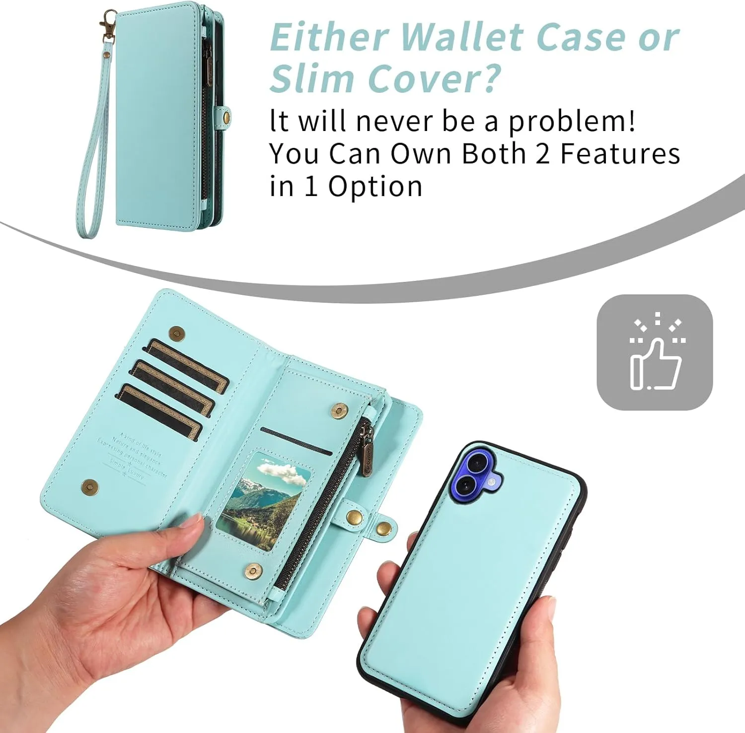 Asuwish Phone Case for iPhone 16 6.1 inch Zipper Wallet Detachable Cell Cover with Tempered Glass Screen Protector Crossbody Lanyard Strap Flip Card Holder Slot i Phone16 i16 16Case Women Green