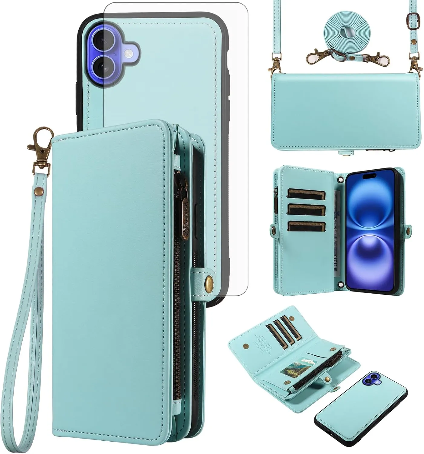 Asuwish Phone Case for iPhone 16 6.1 inch Zipper Wallet Detachable Cell Cover with Tempered Glass Screen Protector Crossbody Lanyard Strap Flip Card Holder Slot i Phone16 i16 16Case Women Green