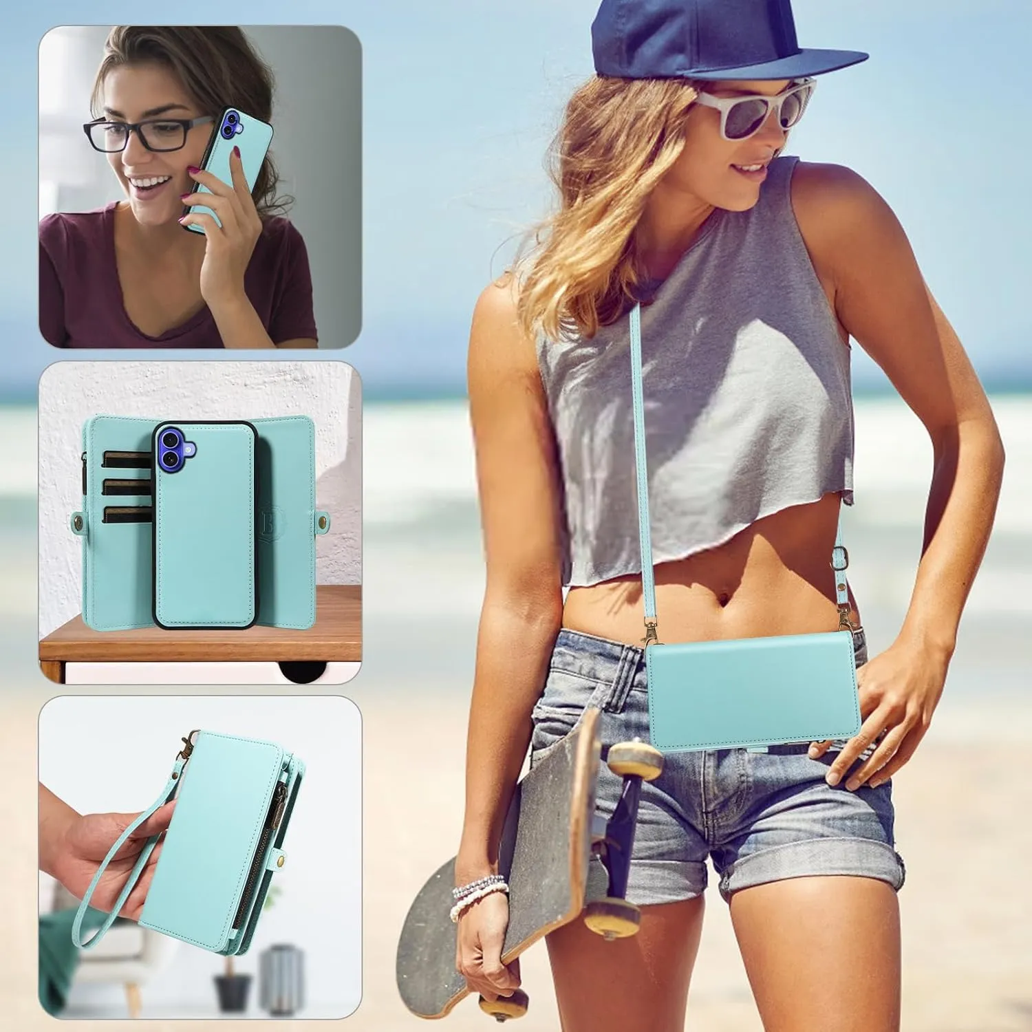 Asuwish Phone Case for iPhone 16 6.1 inch Zipper Wallet Detachable Cell Cover with Tempered Glass Screen Protector Crossbody Lanyard Strap Flip Card Holder Slot i Phone16 i16 16Case Women Green