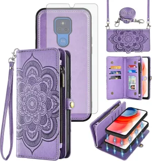 Asuwish Phone Case for Moto G Play 2021 Zipper Wallet Detachable Cell Cover with Tempered Glass Screen Protector Strap Flower Card Holder Motorola GPlay2021 6.5 XT2093DL XT2093-7 Women Girls Purple