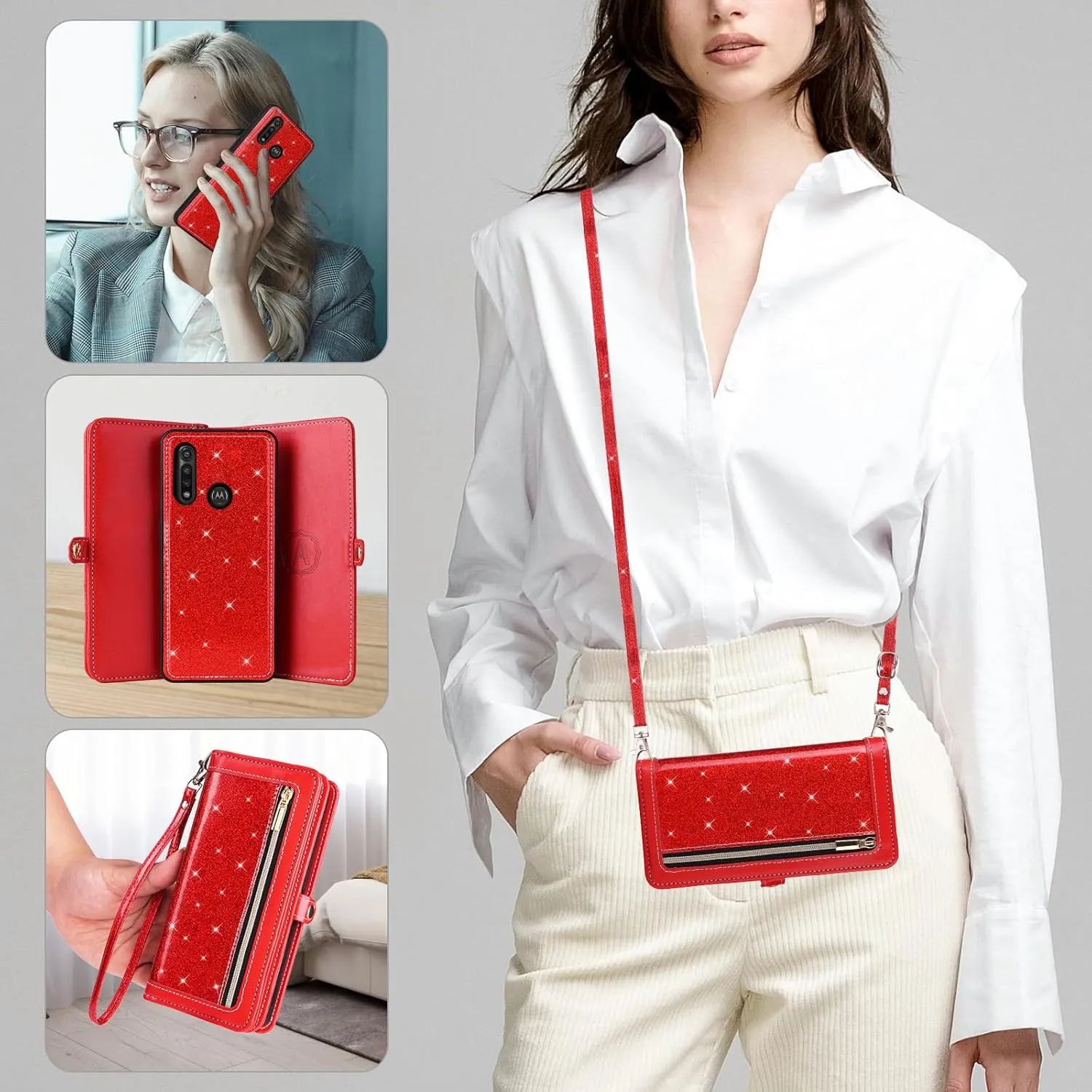 Asuwish Phone Case for Moto G Power 2020 Zipper Wallet Detachable Cell Cover with Tempered Glass Screen Protector Crossbody Lanyard Strap Bling Glitter Flip Card Holder Slot Motorola GPower Women Red