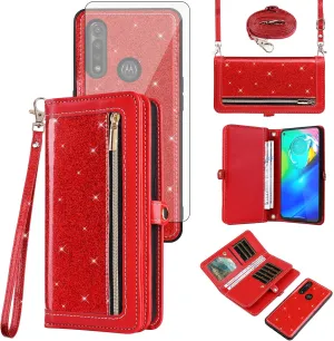 Asuwish Phone Case for Moto G Power 2020 Zipper Wallet Detachable Cell Cover with Tempered Glass Screen Protector Crossbody Lanyard Strap Bling Glitter Flip Card Holder Slot Motorola GPower Women Red
