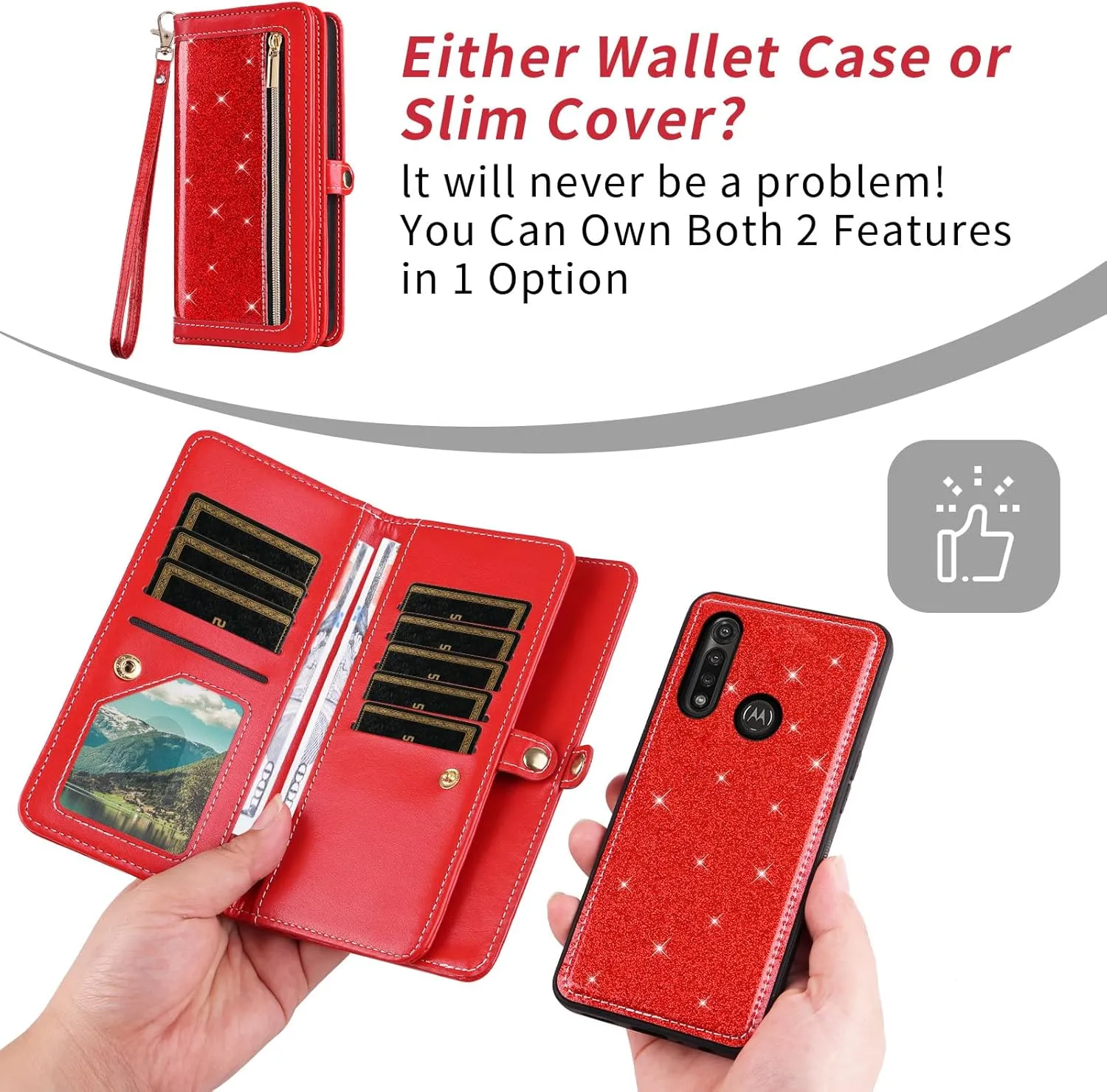 Asuwish Phone Case for Moto G Power 2020 Zipper Wallet Detachable Cell Cover with Tempered Glass Screen Protector Crossbody Lanyard Strap Bling Glitter Flip Card Holder Slot Motorola GPower Women Red