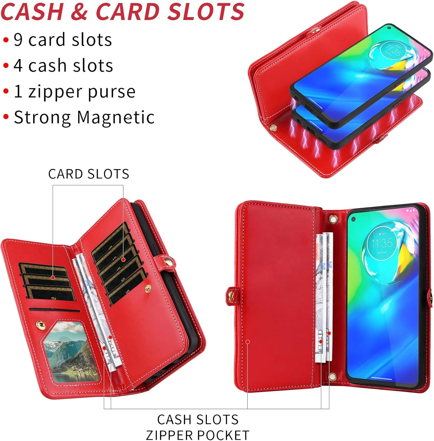 Asuwish Phone Case for Moto G Power 2020 Zipper Wallet Detachable Cell Cover with Tempered Glass Screen Protector Crossbody Lanyard Strap Bling Glitter Flip Card Holder Slot Motorola GPower Women Red