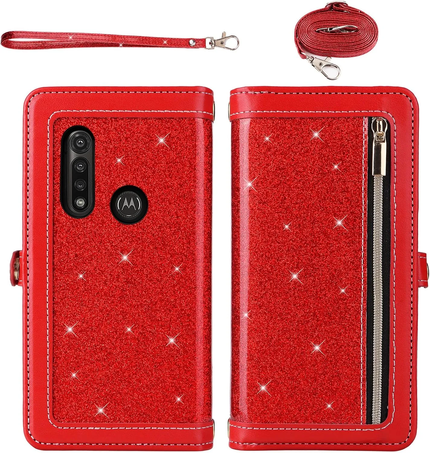 Asuwish Phone Case for Moto G Power 2020 Zipper Wallet Detachable Cell Cover with Tempered Glass Screen Protector Crossbody Lanyard Strap Bling Glitter Flip Card Holder Slot Motorola GPower Women Red
