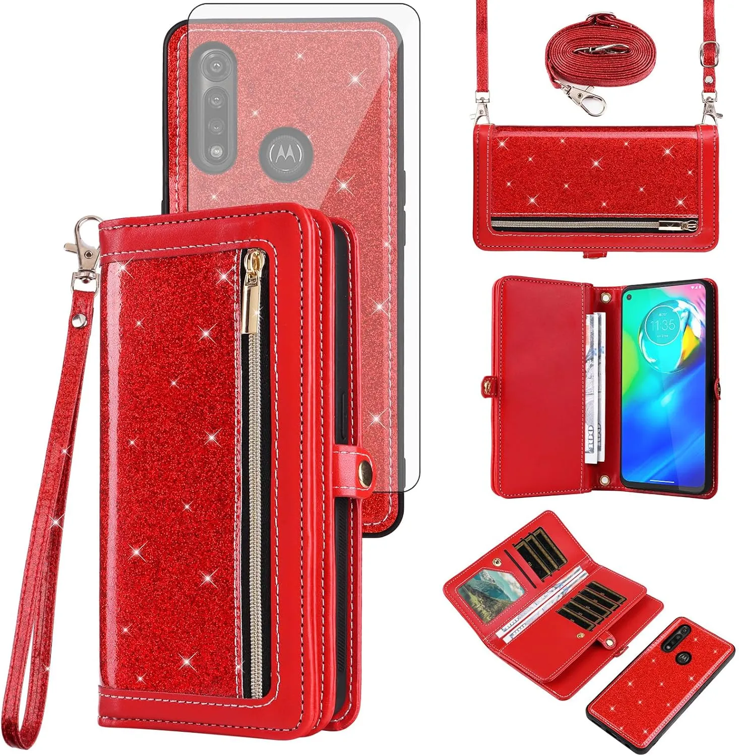 Asuwish Phone Case for Moto G Power 2020 Zipper Wallet Detachable Cell Cover with Tempered Glass Screen Protector Crossbody Lanyard Strap Bling Glitter Flip Card Holder Slot Motorola GPower Women Red