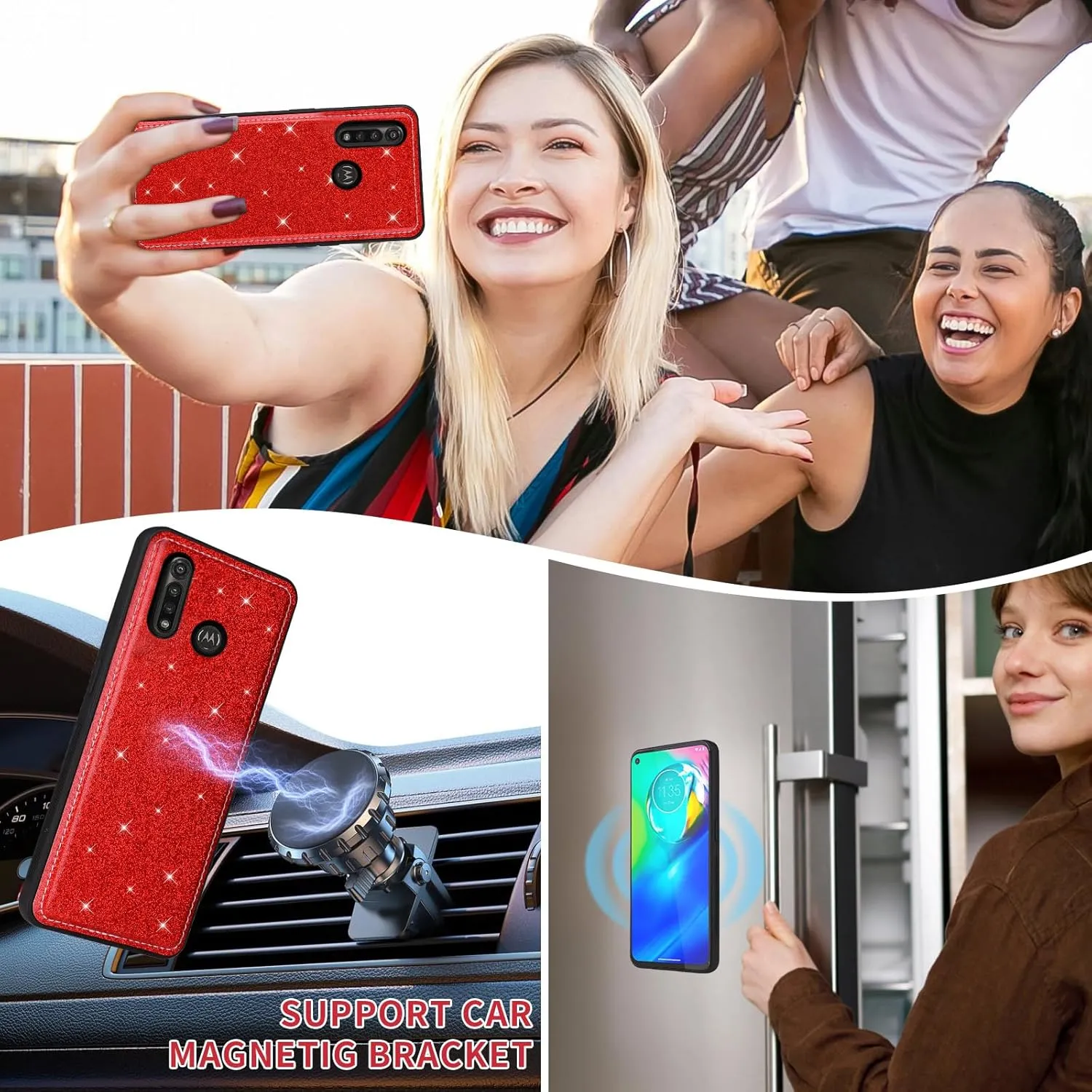 Asuwish Phone Case for Moto G Power 2020 Zipper Wallet Detachable Cell Cover with Tempered Glass Screen Protector Crossbody Lanyard Strap Bling Glitter Flip Card Holder Slot Motorola GPower Women Red