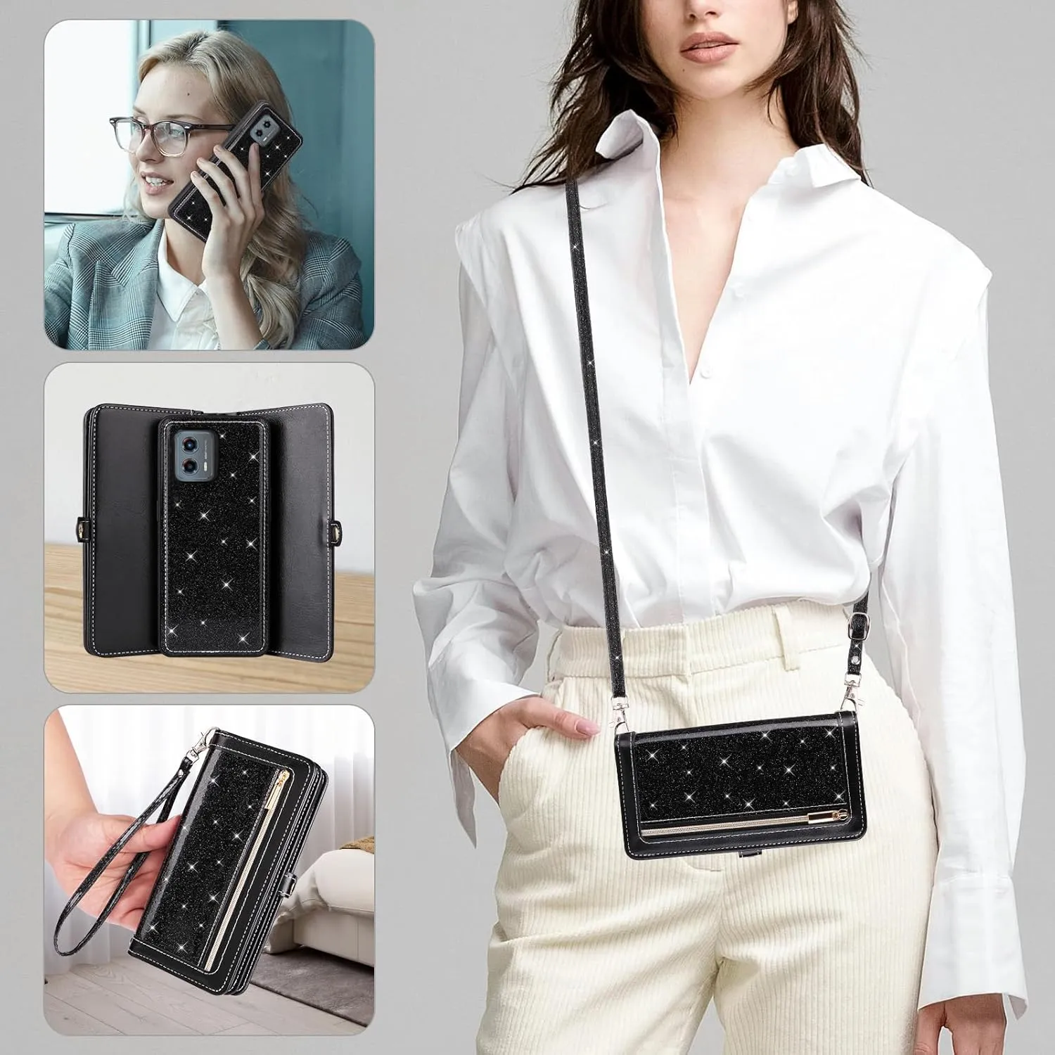 Asuwish Phone Case for Motorola Moto G 5G 2023 Zipper Wallet Detachable Cell Cover with Tempered Glass Screen Protector Crossbody Lanyard Strap Bling Glitter Flip Card Holder G5G 5 G G5 Women Black