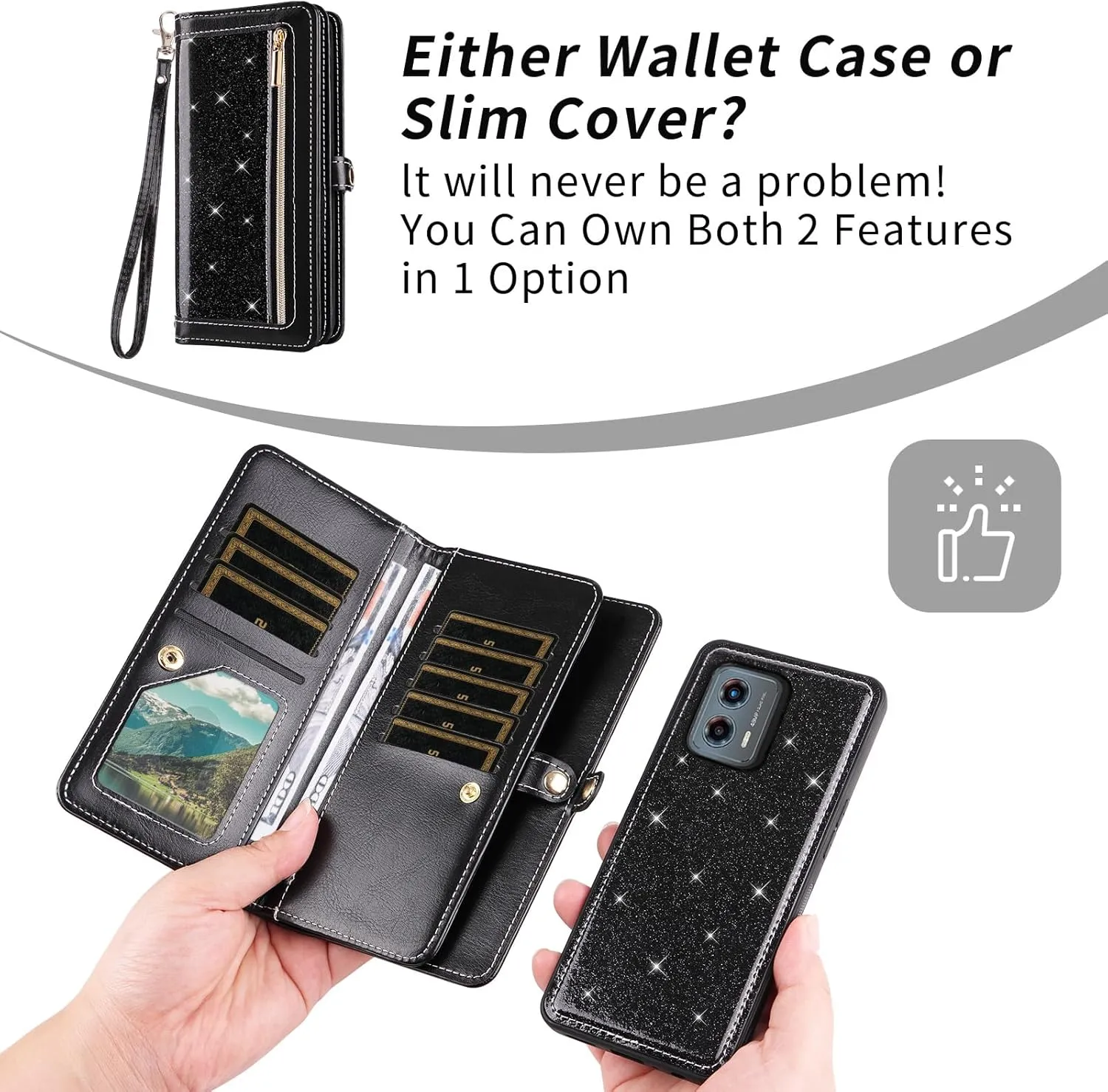 Asuwish Phone Case for Motorola Moto G 5G 2023 Zipper Wallet Detachable Cell Cover with Tempered Glass Screen Protector Crossbody Lanyard Strap Bling Glitter Flip Card Holder G5G 5 G G5 Women Black