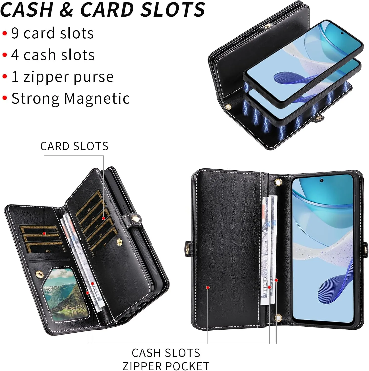 Asuwish Phone Case for Motorola Moto G 5G 2023 Zipper Wallet Detachable Cell Cover with Tempered Glass Screen Protector Crossbody Lanyard Strap Bling Glitter Flip Card Holder G5G 5 G G5 Women Black