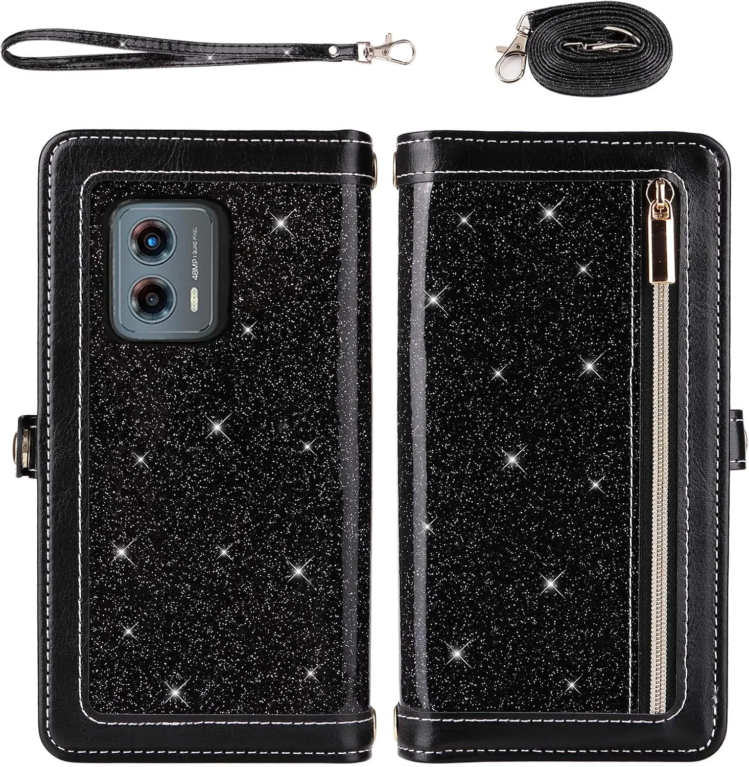 Asuwish Phone Case for Motorola Moto G 5G 2023 Zipper Wallet Detachable Cell Cover with Tempered Glass Screen Protector Crossbody Lanyard Strap Bling Glitter Flip Card Holder G5G 5 G G5 Women Black