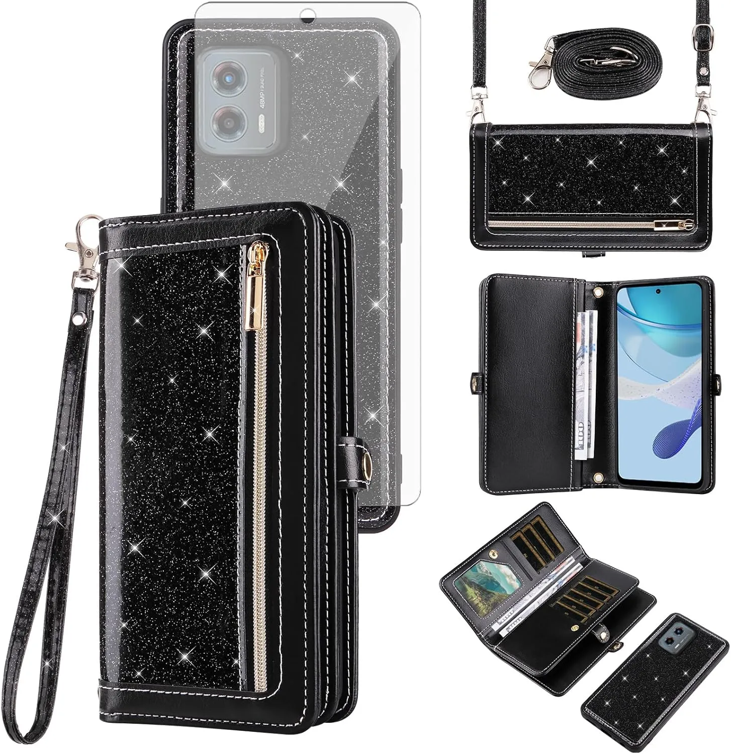 Asuwish Phone Case for Motorola Moto G 5G 2023 Zipper Wallet Detachable Cell Cover with Tempered Glass Screen Protector Crossbody Lanyard Strap Bling Glitter Flip Card Holder G5G 5 G G5 Women Black