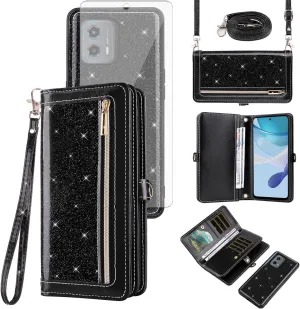 Asuwish Phone Case for Motorola Moto G 5G 2023 Zipper Wallet Detachable Cell Cover with Tempered Glass Screen Protector Crossbody Lanyard Strap Bling Glitter Flip Card Holder G5G 5 G G5 Women Black