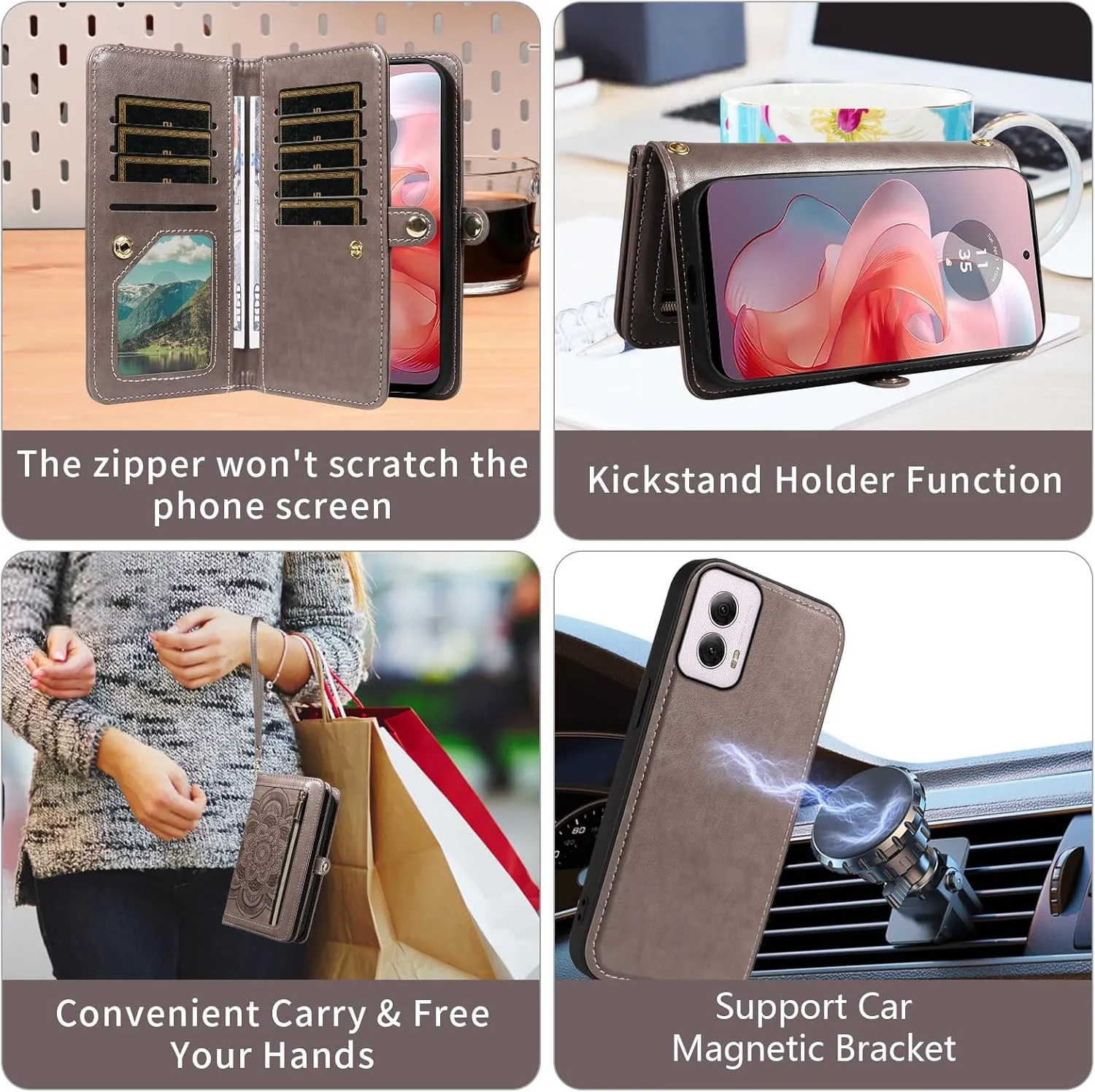 Asuwish Phone Case for Motorola Moto G Power 5G 2024 Zipper Wallet Magnetic Detachable Cell Cover with Tempered Glass Screen Protector Crossbody Lanyard Strap Mandala Flower Card Holder G5 Women Gray