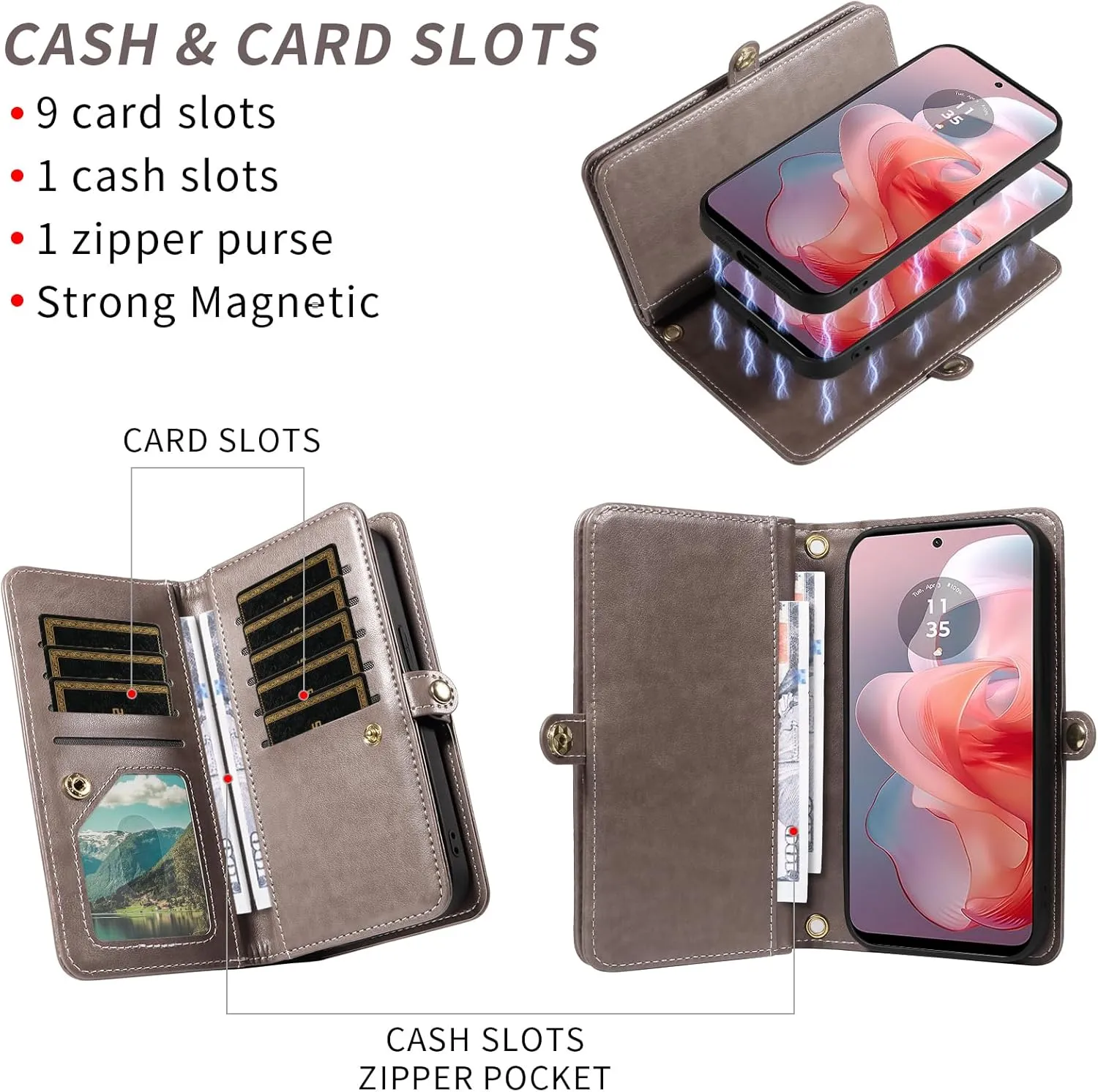 Asuwish Phone Case for Motorola Moto G Power 5G 2024 Zipper Wallet Magnetic Detachable Cell Cover with Tempered Glass Screen Protector Crossbody Lanyard Strap Mandala Flower Card Holder G5 Women Gray
